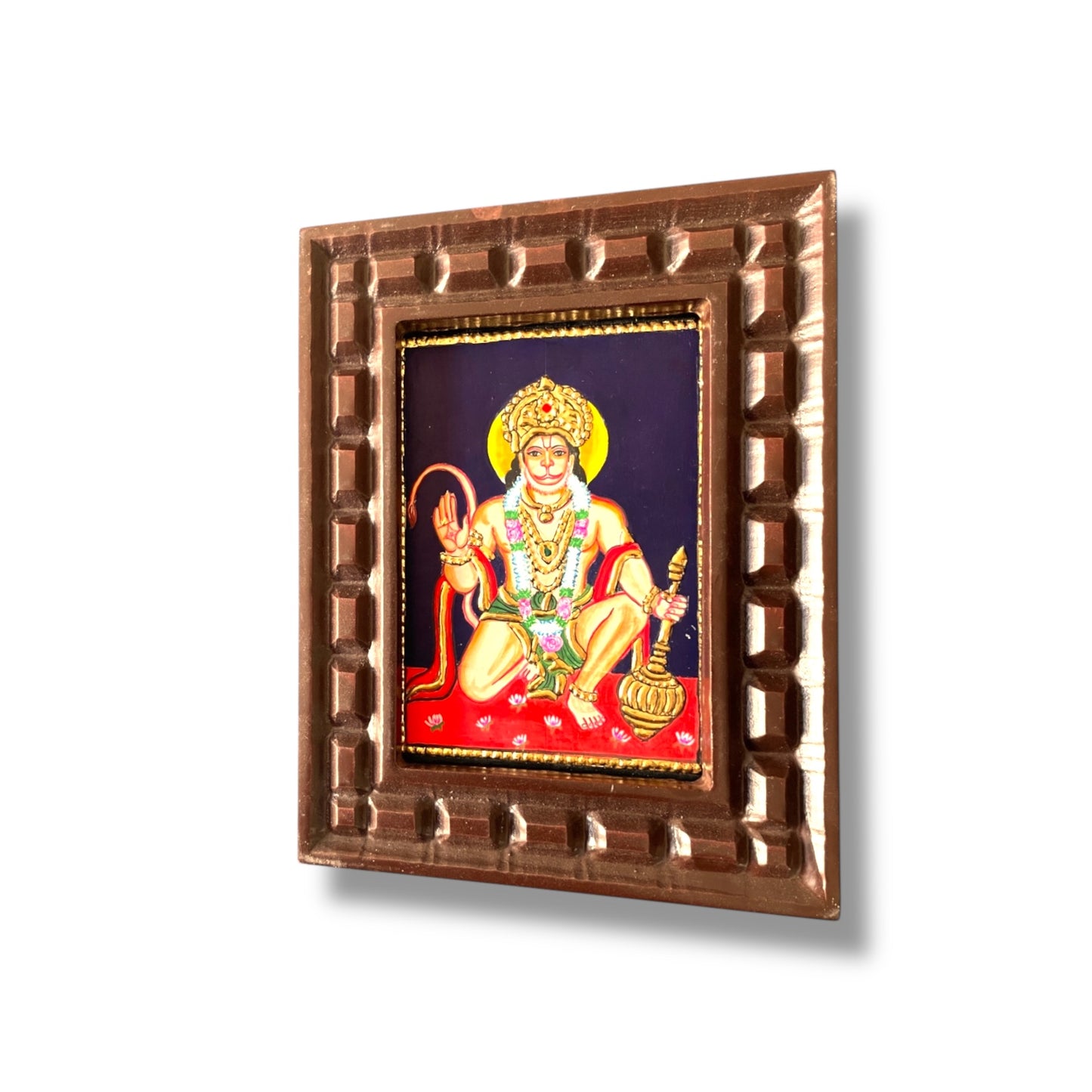 Hand-Painted Tanjore Painting of Lord Hanuman in Blessing Pose with Wooden Frame