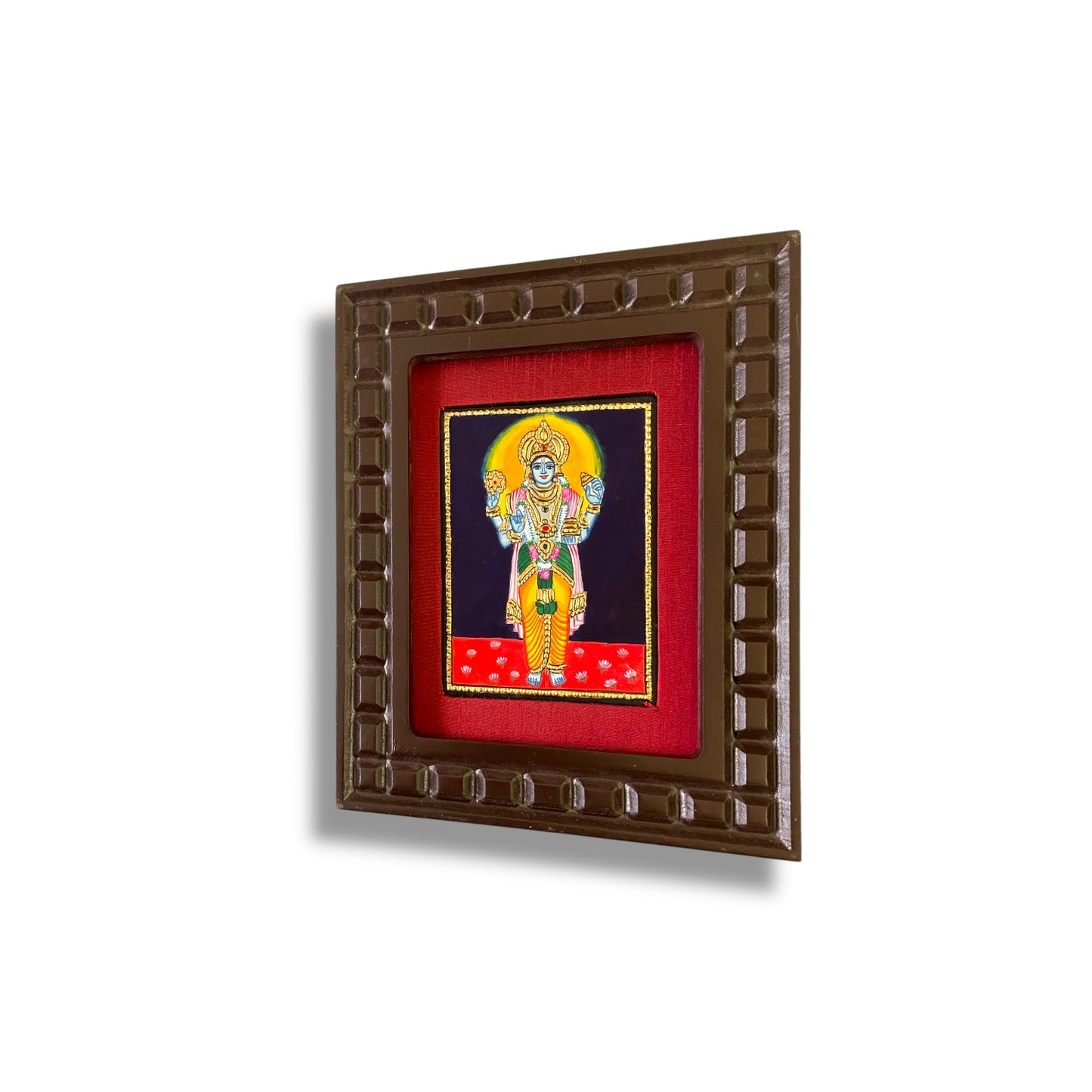 Lord Vishnu Tanjore Painting with Red, Rama Green, Indigo Blue, Orange and White Accents