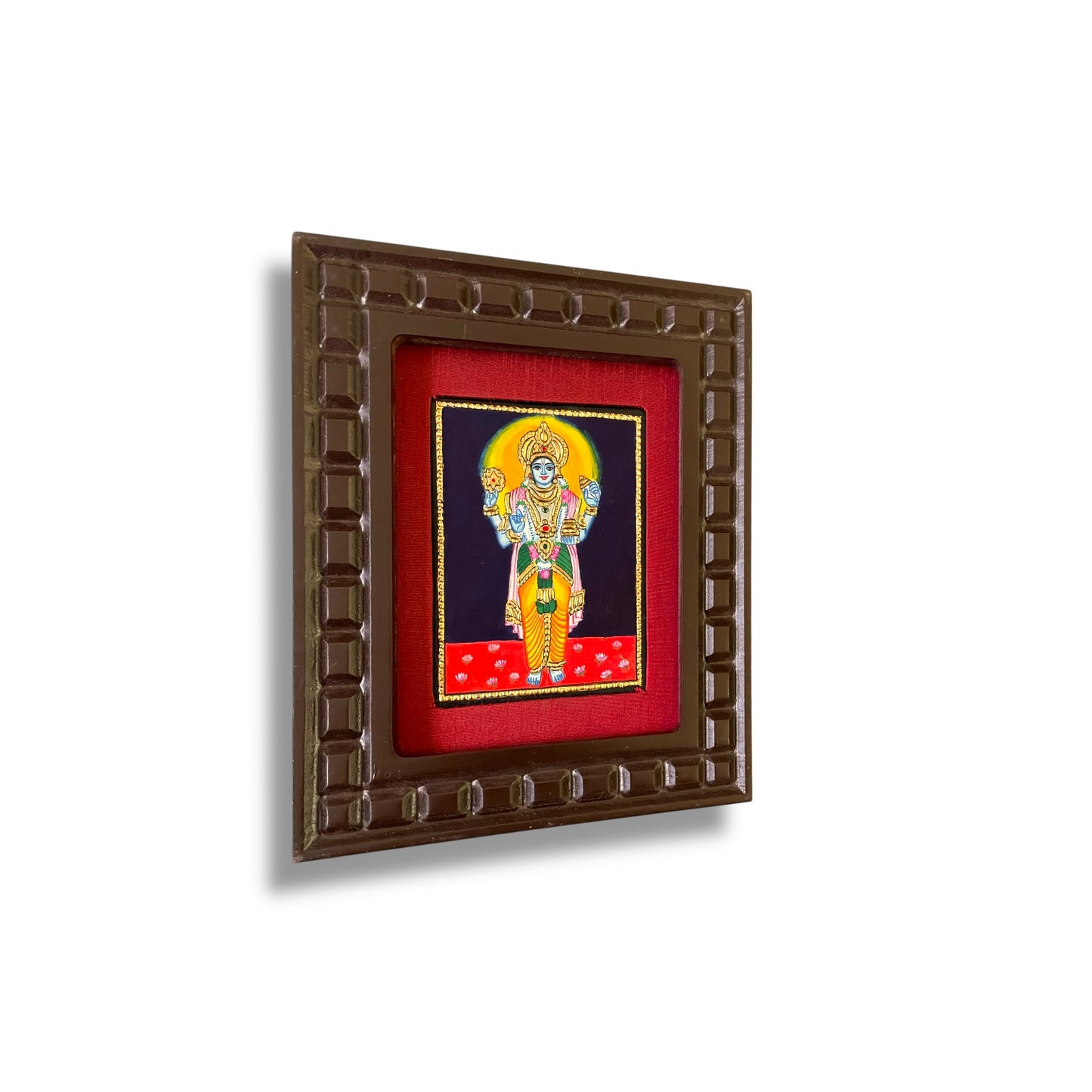 Lord Vishnu Tanjore Painting with Red, Rama Green, Indigo Blue, Orange and White Accents
