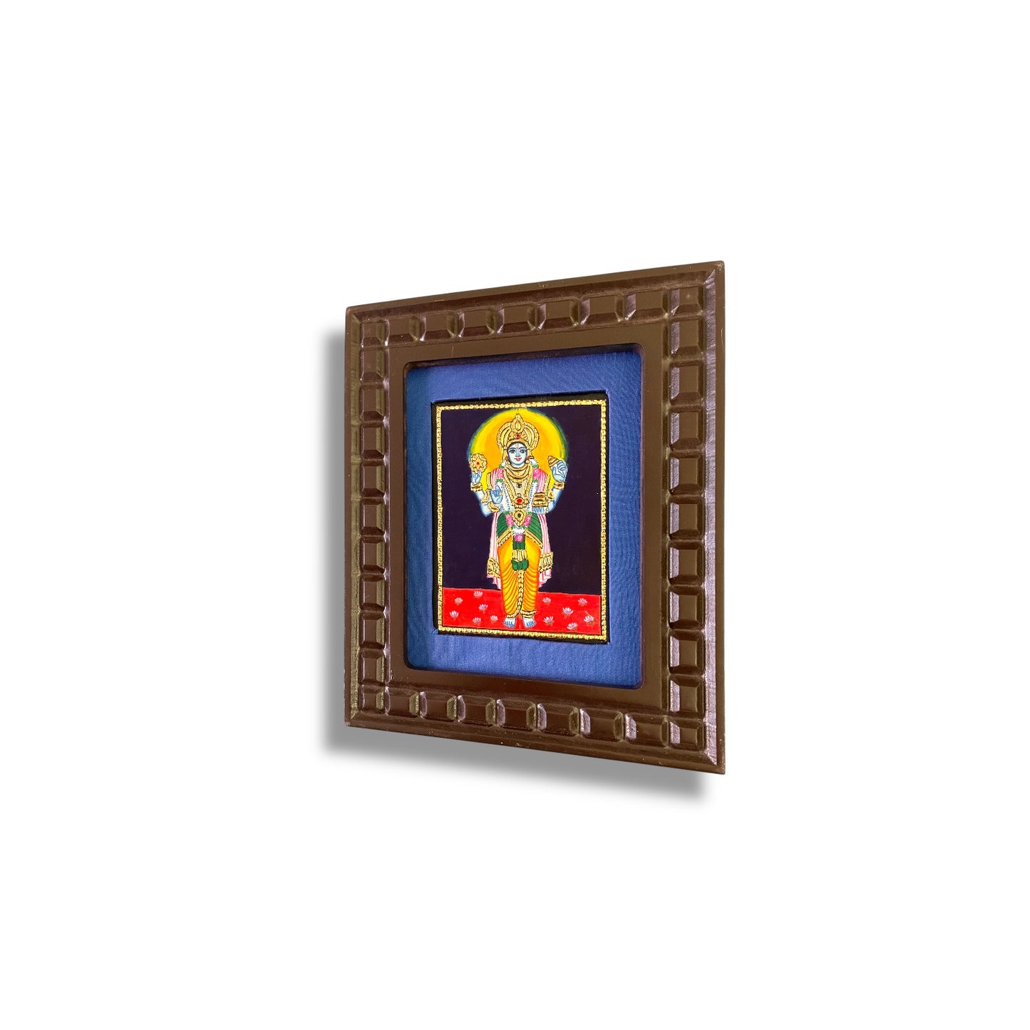 Lord Vishnu Tanjore Painting with Red, Rama Green, Indigo Blue, Orange and White Accents
