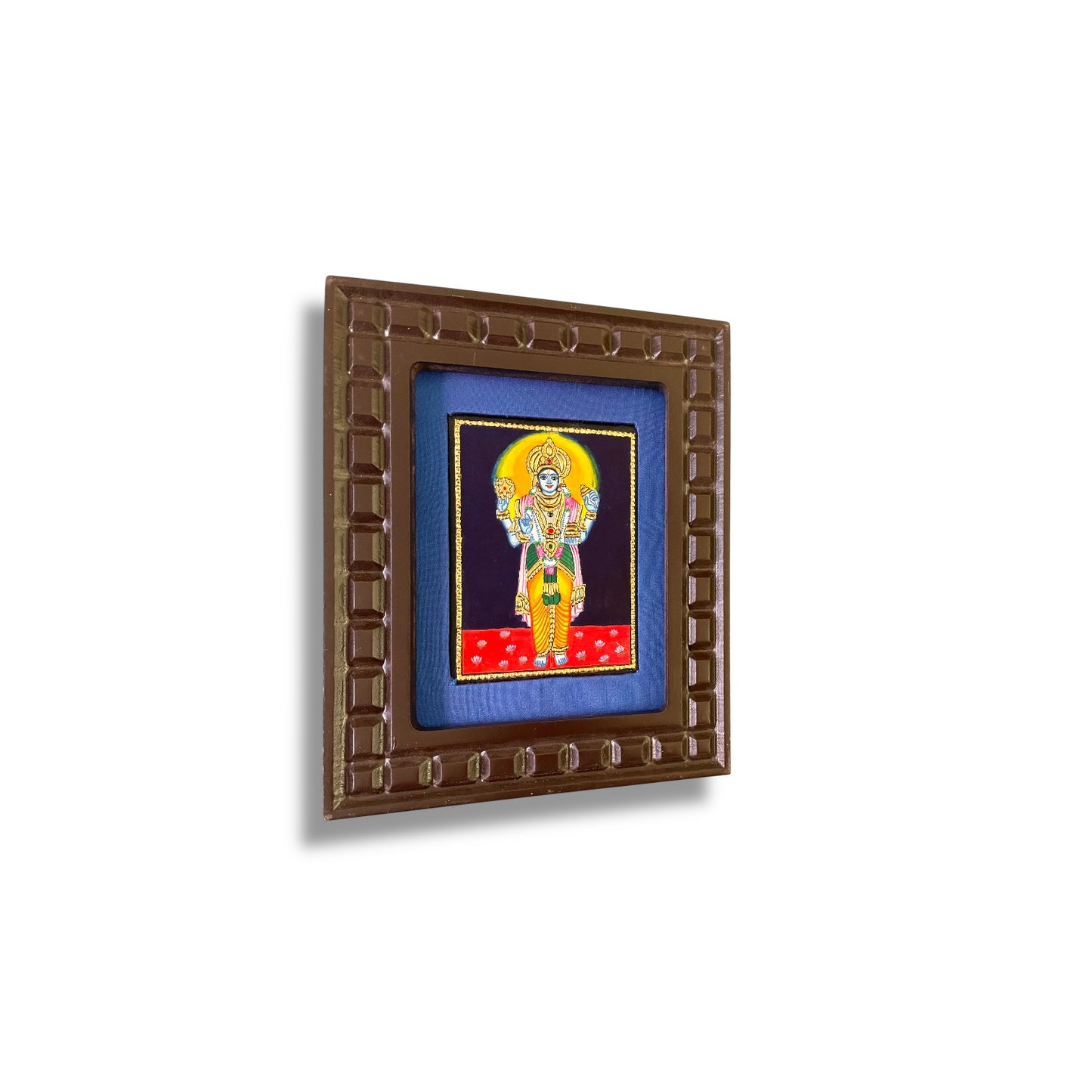 Lord Vishnu Tanjore Painting with Red, Rama Green, Indigo Blue, Orange and White Accents