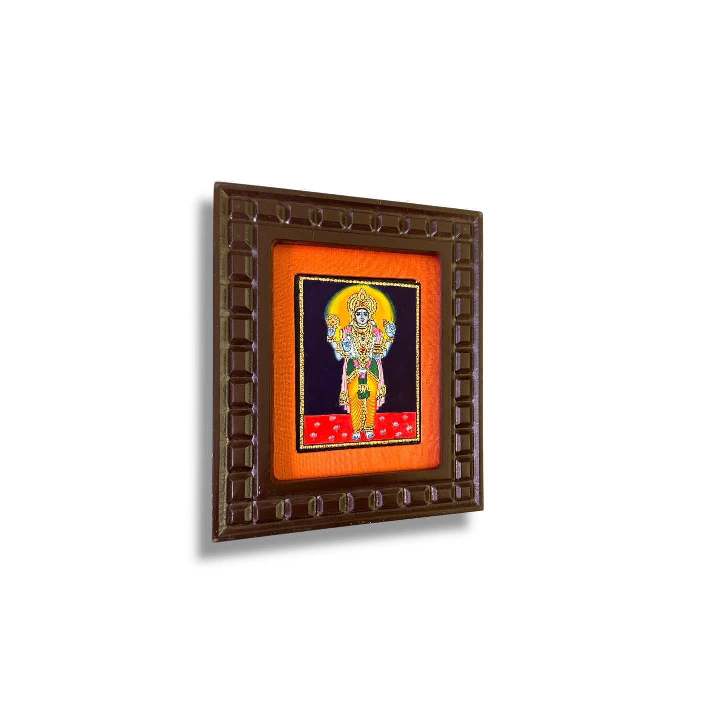 Lord Vishnu Tanjore Painting with Red, Rama Green, Indigo Blue, Orange and White Accents