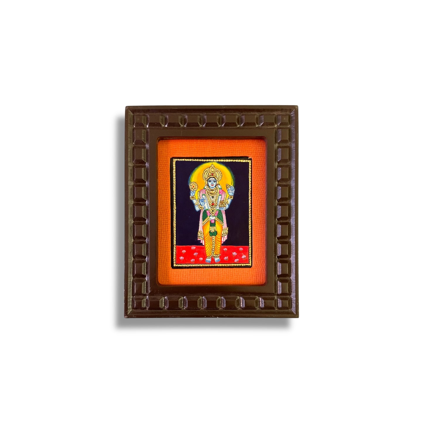 Lord Vishnu Tanjore Painting with Red, Rama Green, Indigo Blue, Orange and White Accents