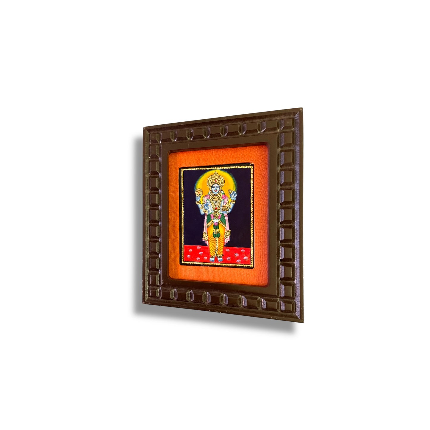 Lord Vishnu Tanjore Painting with Red, Rama Green, Indigo Blue, Orange and White Accents