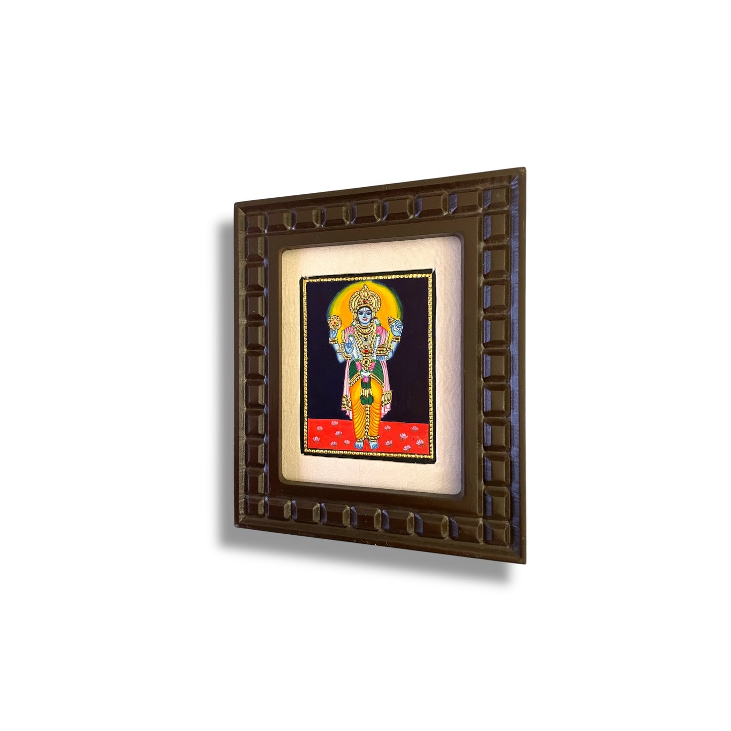 Lord Vishnu Tanjore Painting with Red, Rama Green, Indigo Blue, Orange and White Accents