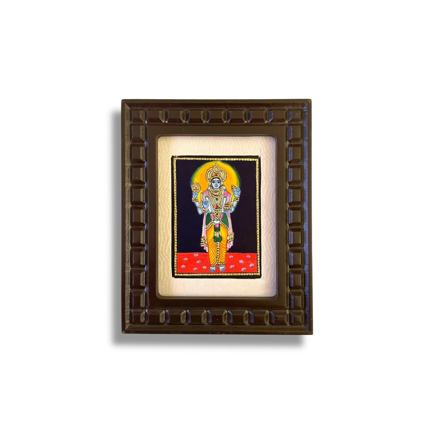Lord Vishnu Tanjore Painting with Red, Rama Green, Indigo Blue, Orange and White Accents