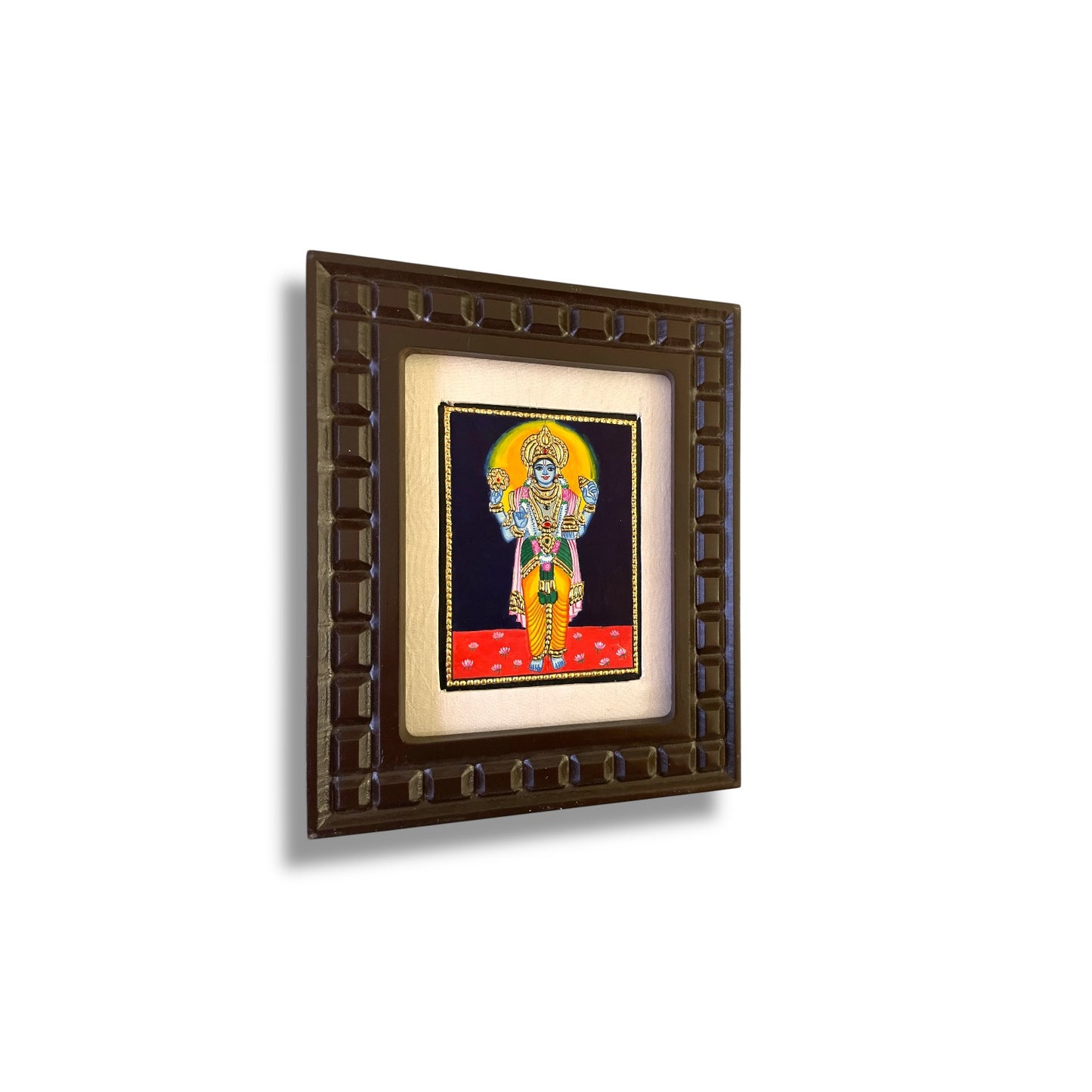 Lord Vishnu Tanjore Painting with Red, Rama Green, Indigo Blue, Orange and White Accents