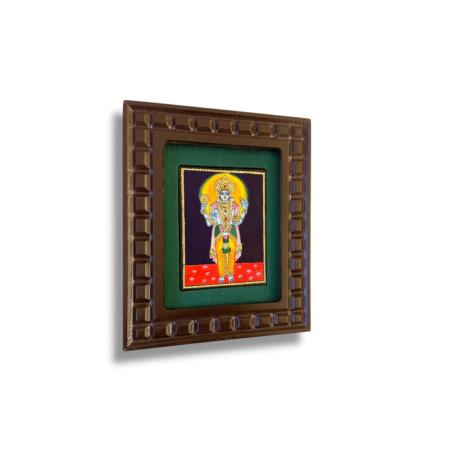 Lord Vishnu Tanjore Painting with Red, Rama Green, Indigo Blue, Orange and White Accents