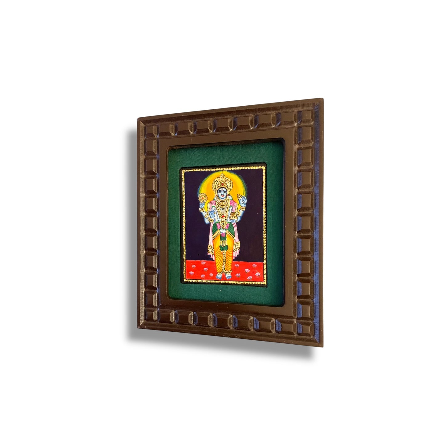 Lord Vishnu Tanjore Painting with Red, Rama Green, Indigo Blue, Orange and White Accents