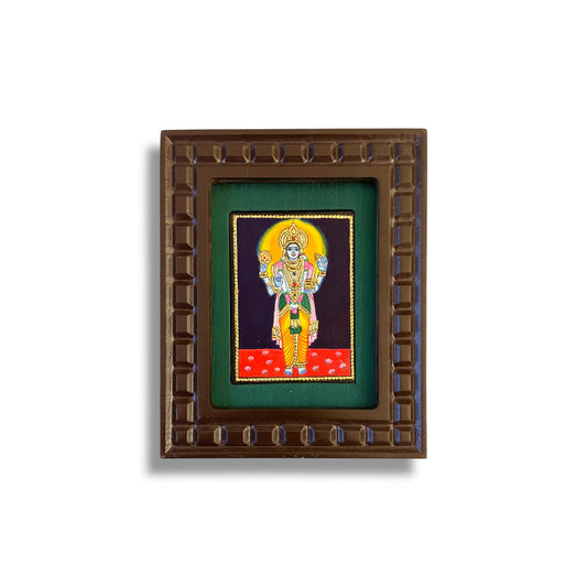 Lord Vishnu Tanjore Painting with Red, Rama Green, Indigo Blue, Orange and White Accents