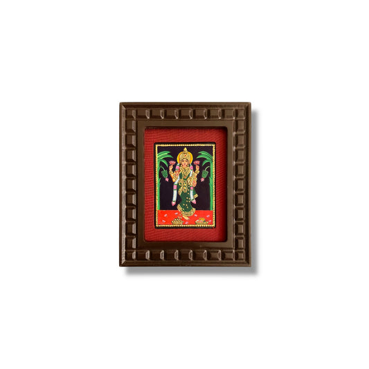 Goddess Lakshmi Tanjore Painting with Red, Indigo Blue, Orange, Rama Green and White Accents