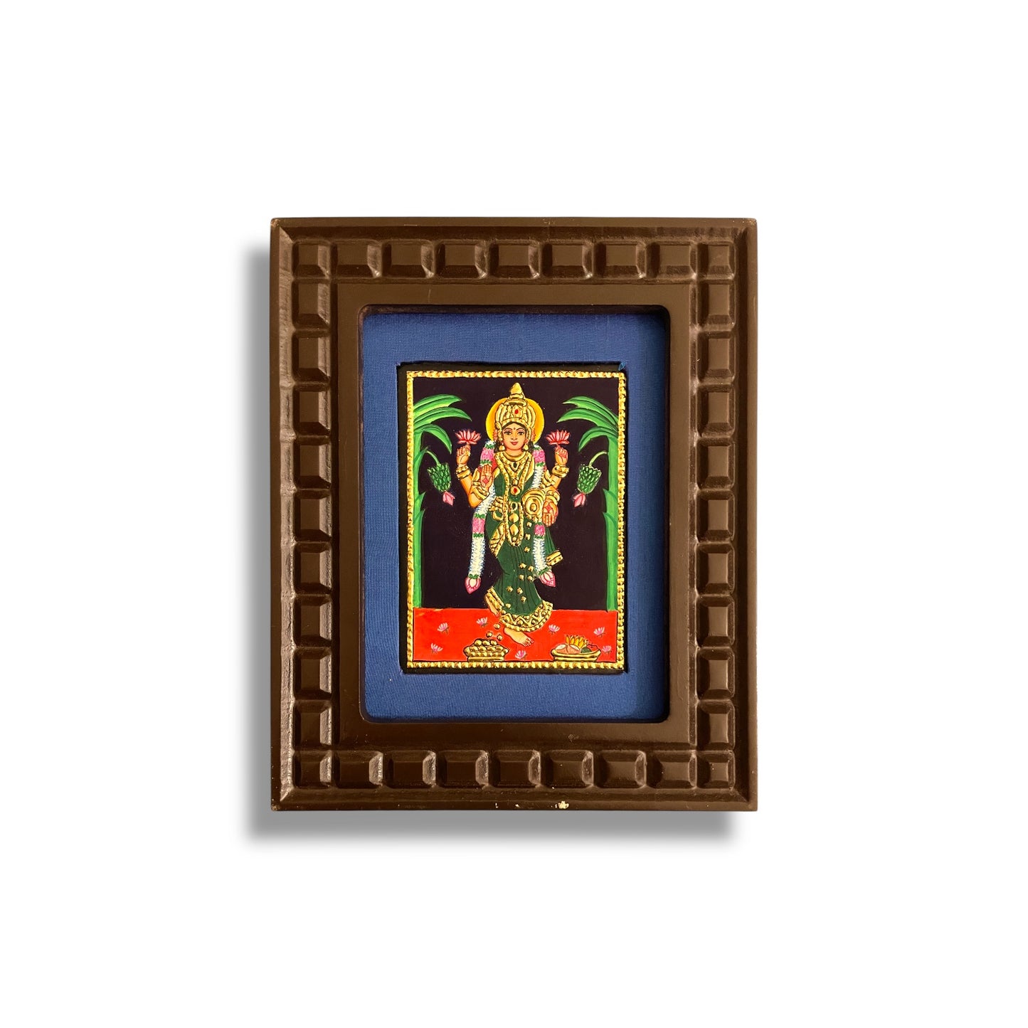 Goddess Lakshmi Tanjore Painting with Red, Indigo Blue, Orange, Rama Green and White Accents