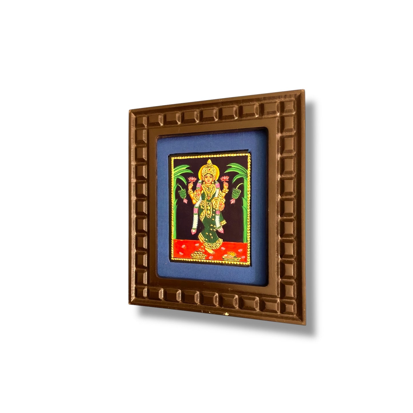 Goddess Lakshmi Tanjore Painting with Red, Indigo Blue, Orange, Rama Green and White Accents