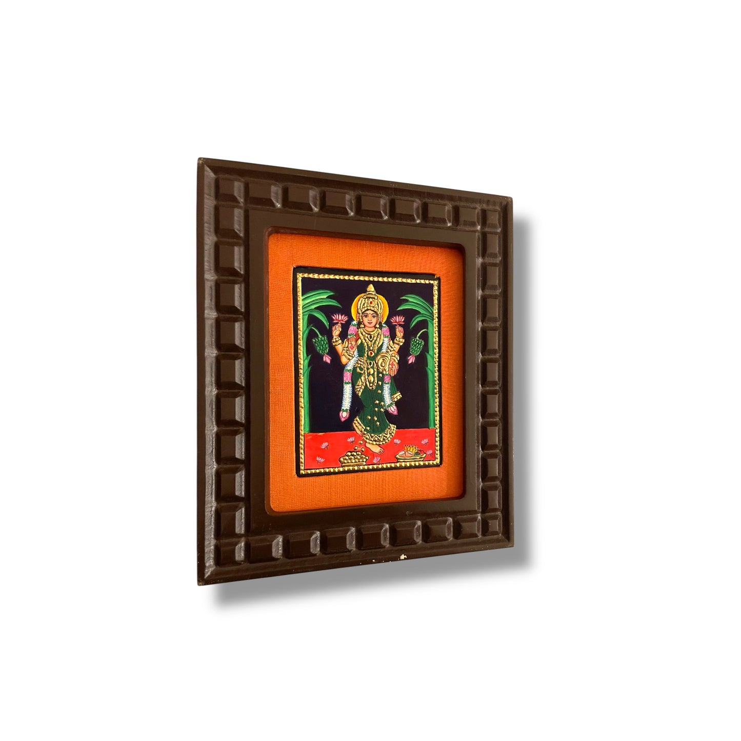 Goddess Lakshmi Tanjore Painting with Red, Indigo Blue, Orange, Rama Green and White Accents