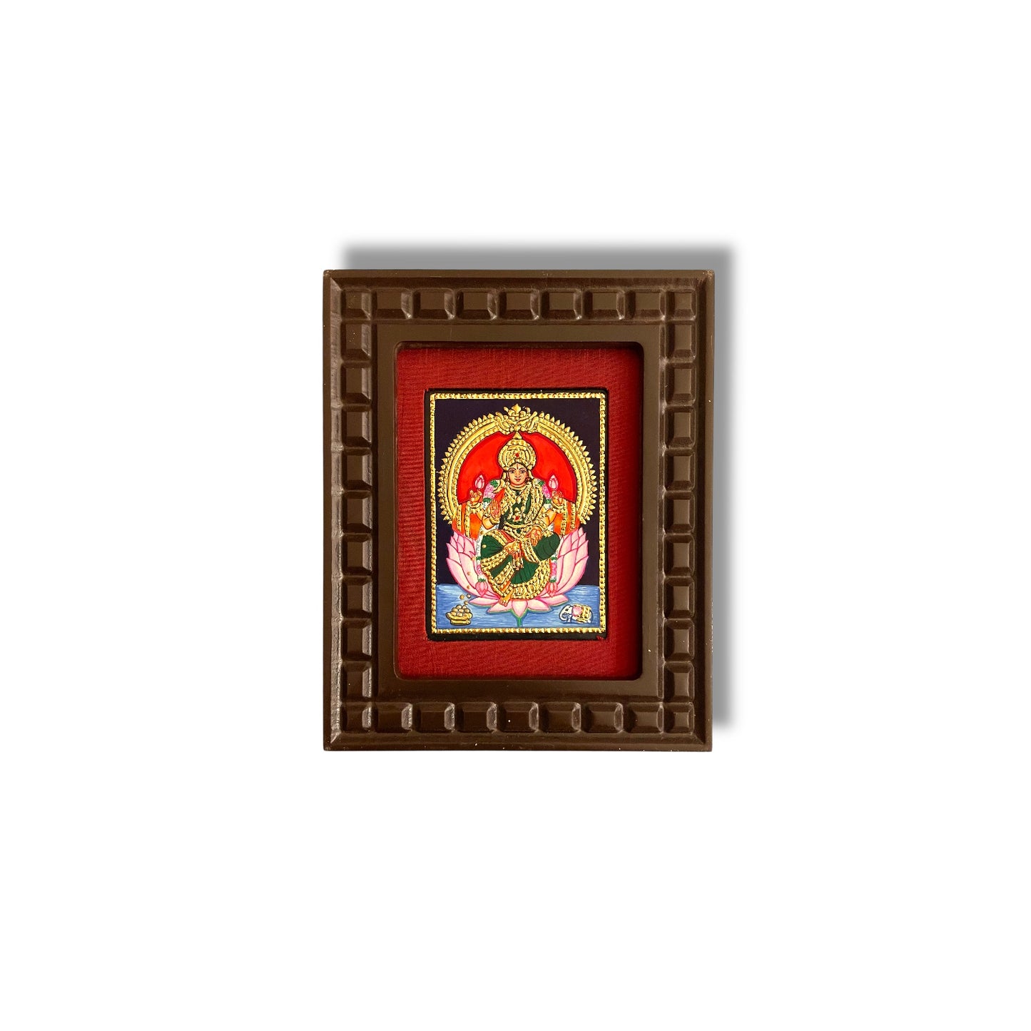 Lakshmi with Pink Lotus Tanjore Painting – Red, Indigo Blue, Orange, White & Rama Green Gold Foil Artwork