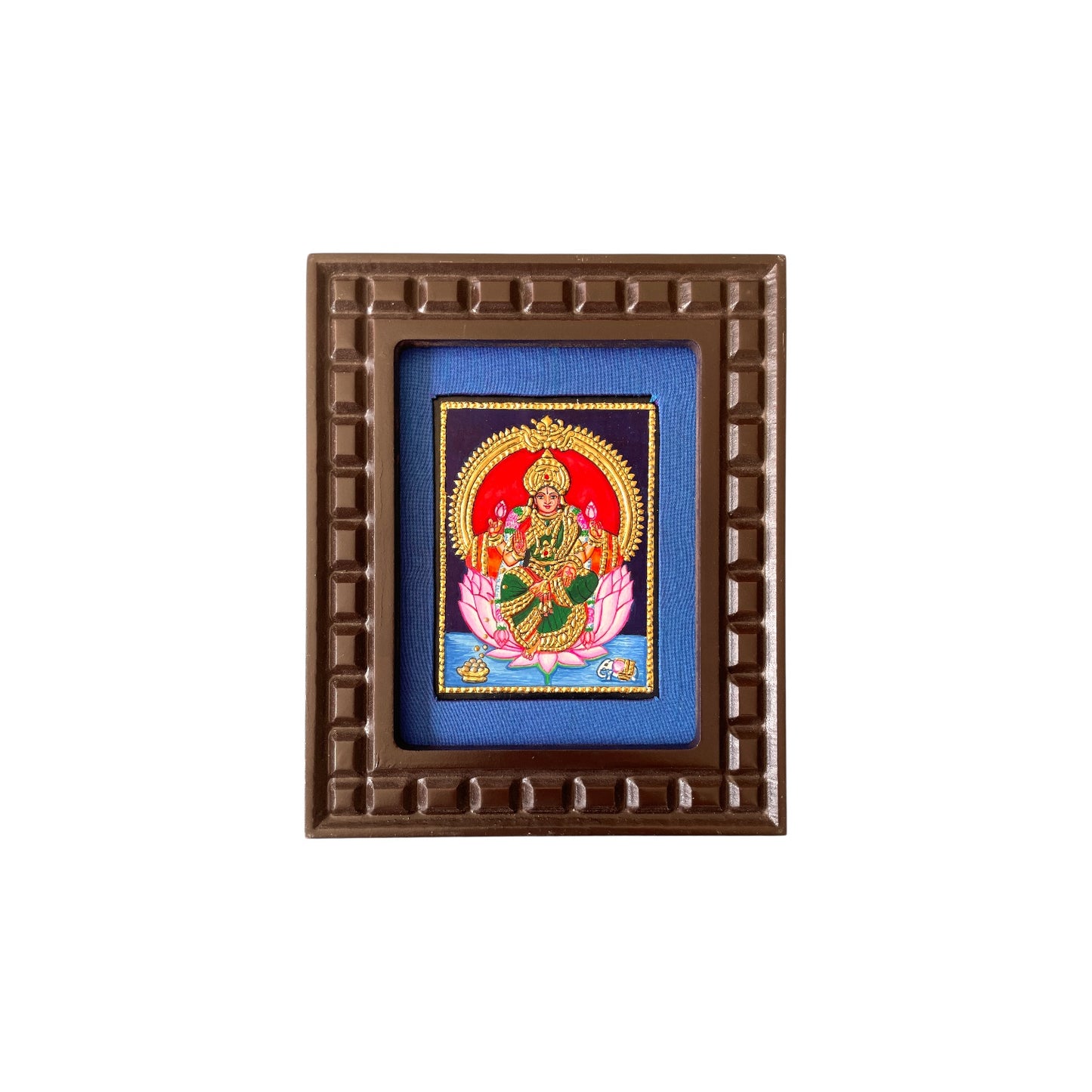 Lakshmi with Pink Lotus Tanjore Painting – Red, Indigo Blue, Orange, White & Rama Green Gold Foil Artwork