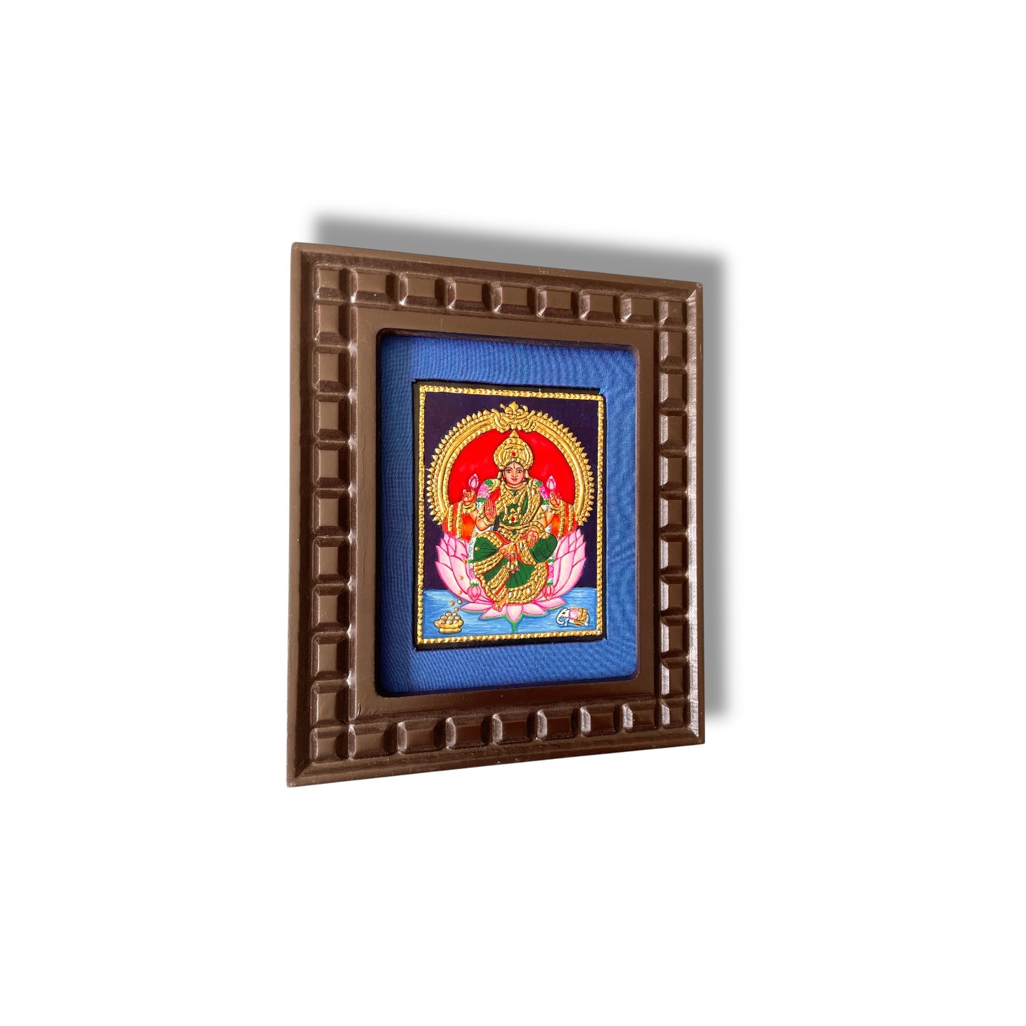 Lakshmi with Pink Lotus Tanjore Painting – Red, Indigo Blue, Orange, White & Rama Green Gold Foil Artwork