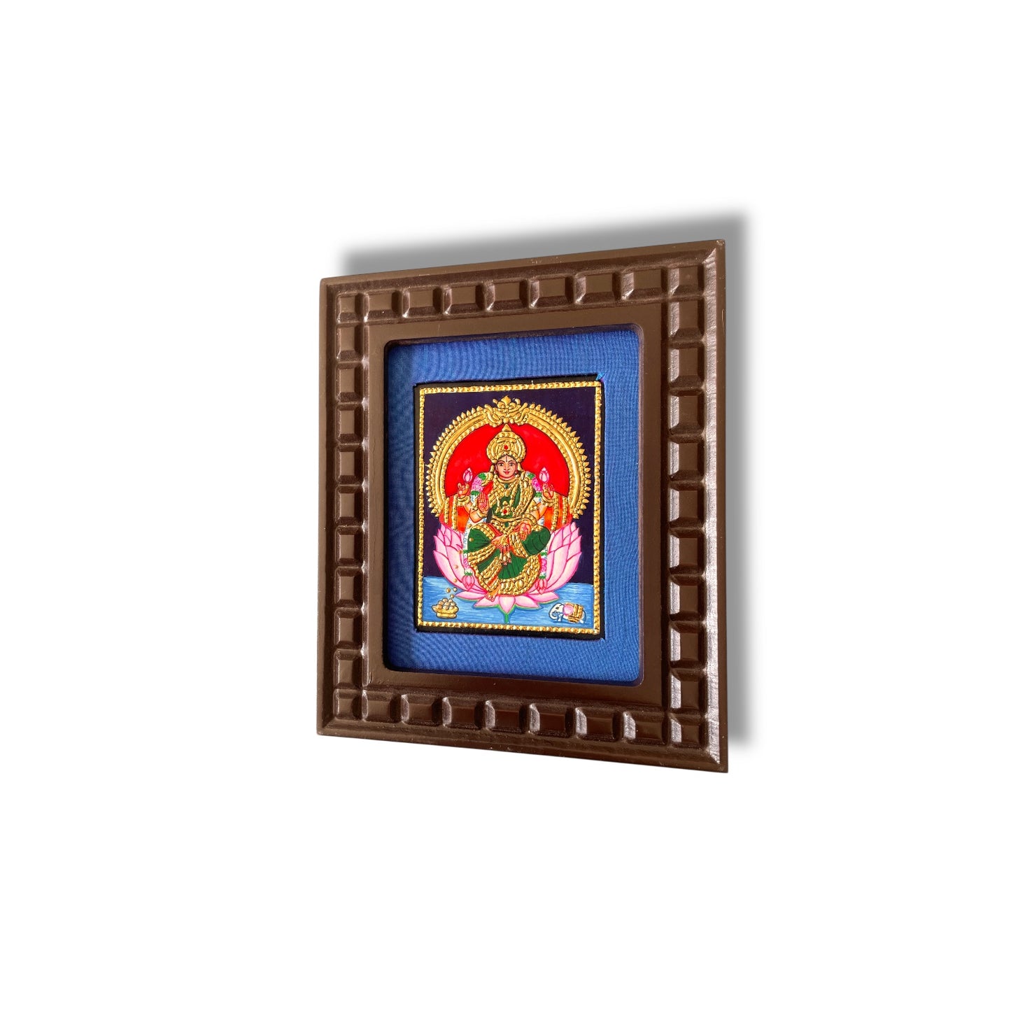 Lakshmi with Pink Lotus Tanjore Painting – Red, Indigo Blue, Orange, White & Rama Green Gold Foil Artwork