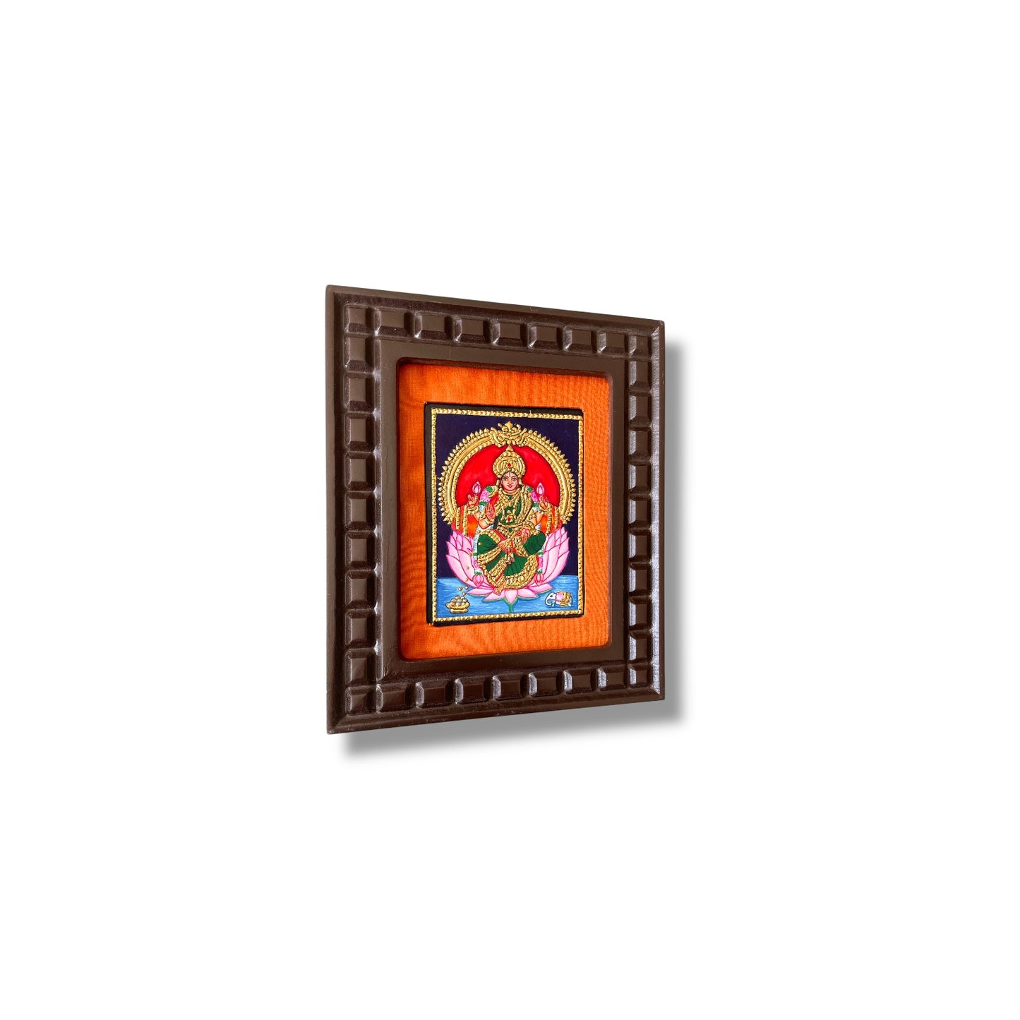 Lakshmi with Pink Lotus Tanjore Painting – Red, Indigo Blue, Orange, White & Rama Green Gold Foil Artwork