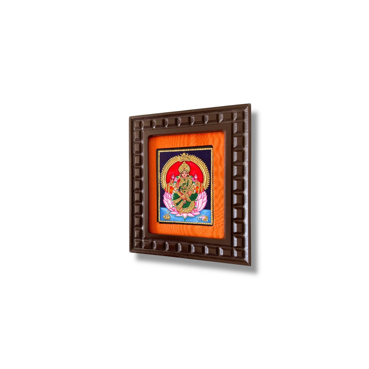 Lakshmi with Pink Lotus Tanjore Painting – Red, Indigo Blue, Orange, White & Rama Green Gold Foil Artwork