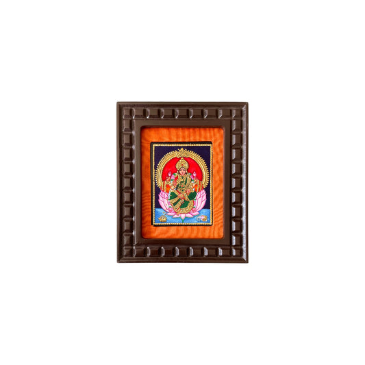 Lakshmi with Pink Lotus Tanjore Painting – Red, Indigo Blue, Orange, White & Rama Green Gold Foil Artwork