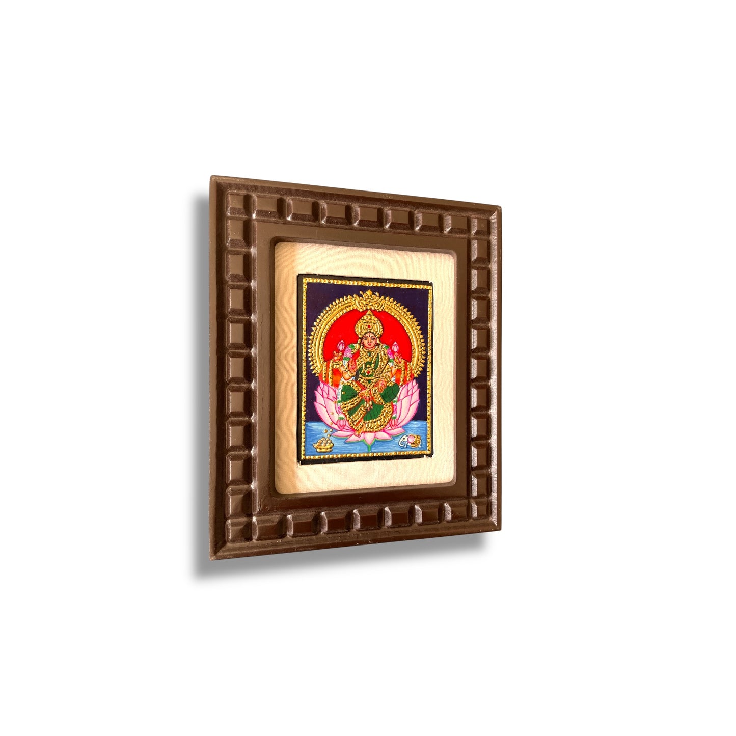 Lakshmi with Pink Lotus Tanjore Painting – Red, Indigo Blue, Orange, White & Rama Green Gold Foil Artwork