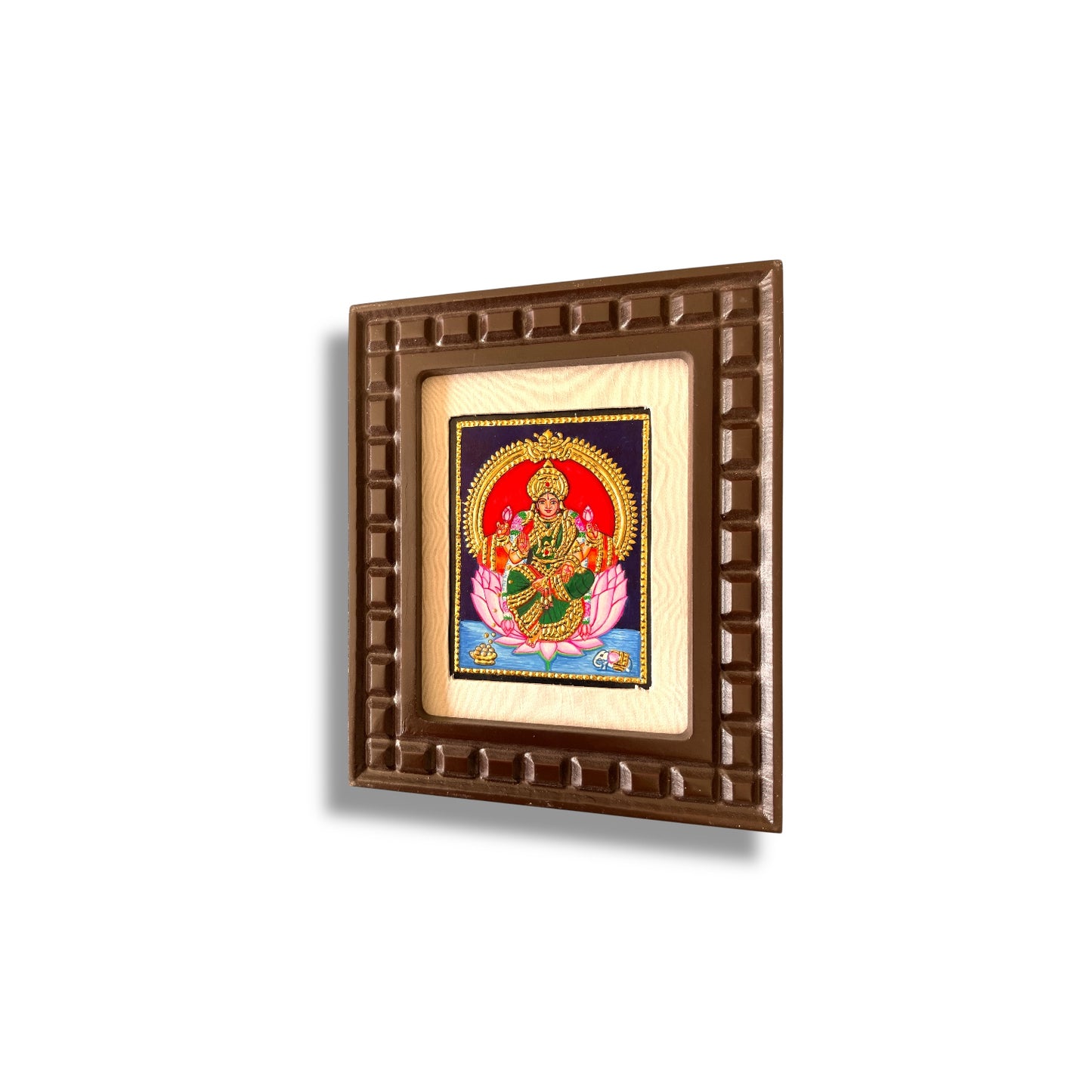 Lakshmi with Pink Lotus Tanjore Painting – Red, Indigo Blue, Orange, White & Rama Green Gold Foil Artwork
