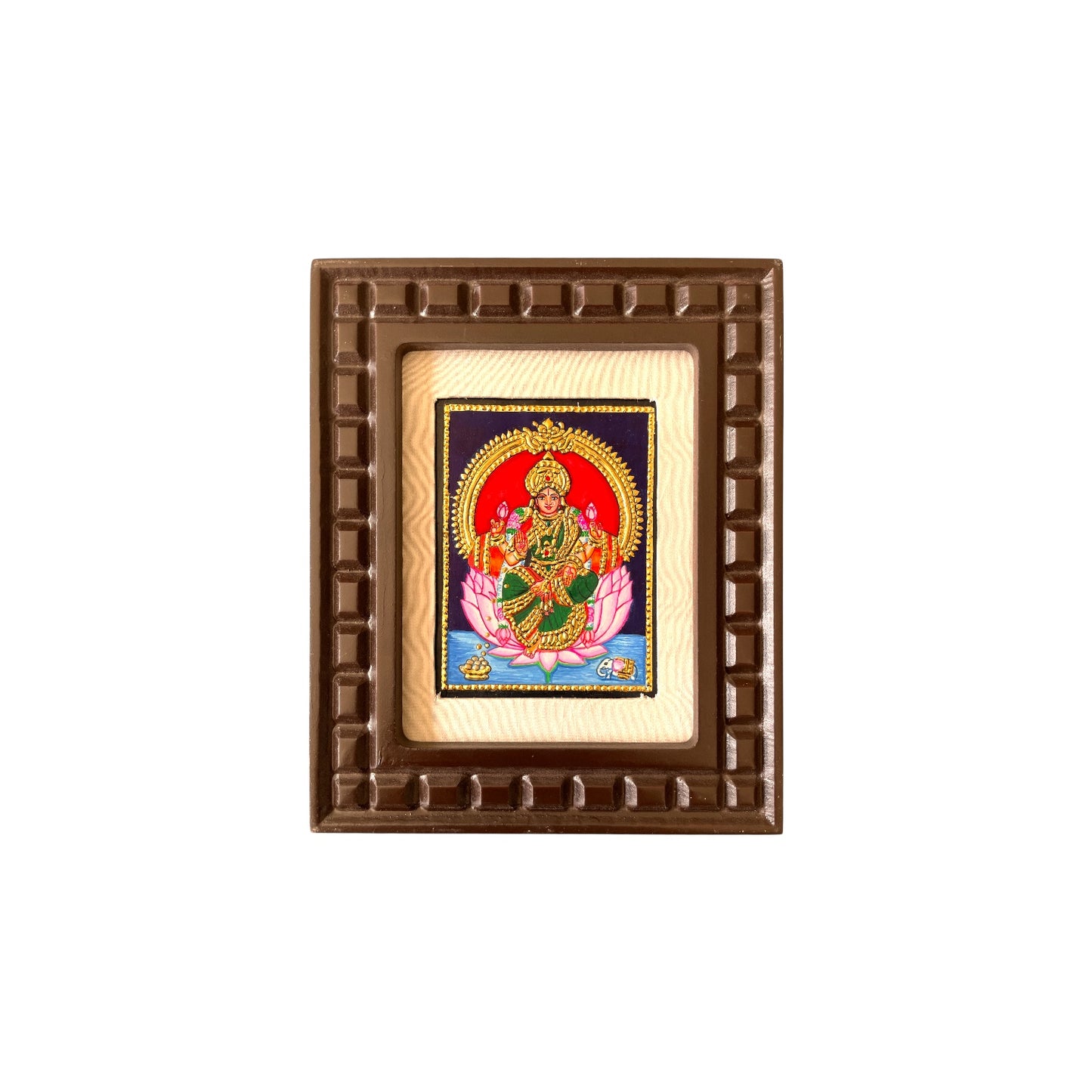Lakshmi with Pink Lotus Tanjore Painting – Red, Indigo Blue, Orange, White & Rama Green Gold Foil Artwork