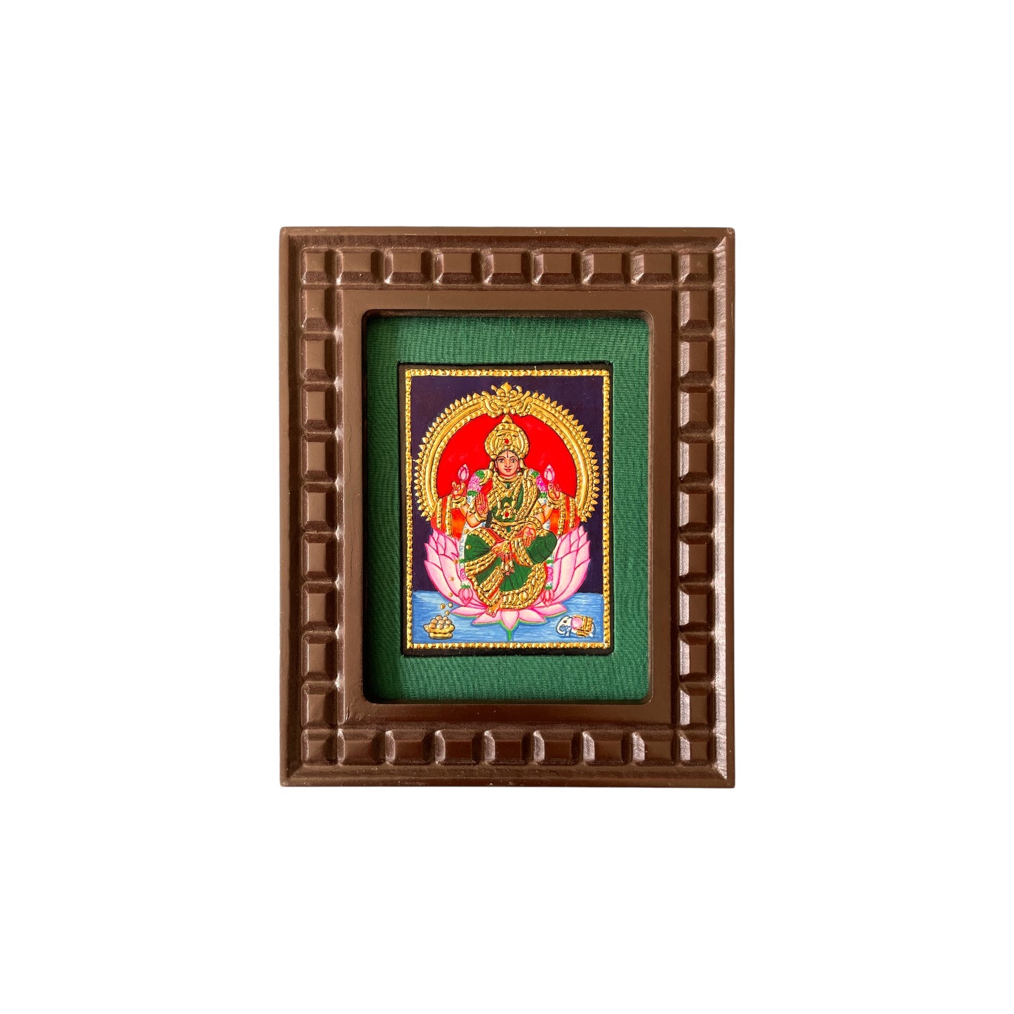 Lakshmi with Pink Lotus Tanjore Painting – Red, Indigo Blue, Orange, White & Rama Green Gold Foil Artwork