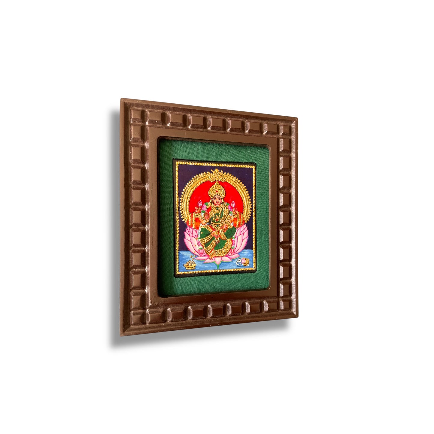 Lakshmi with Pink Lotus Tanjore Painting – Red, Indigo Blue, Orange, White & Rama Green Gold Foil Artwork