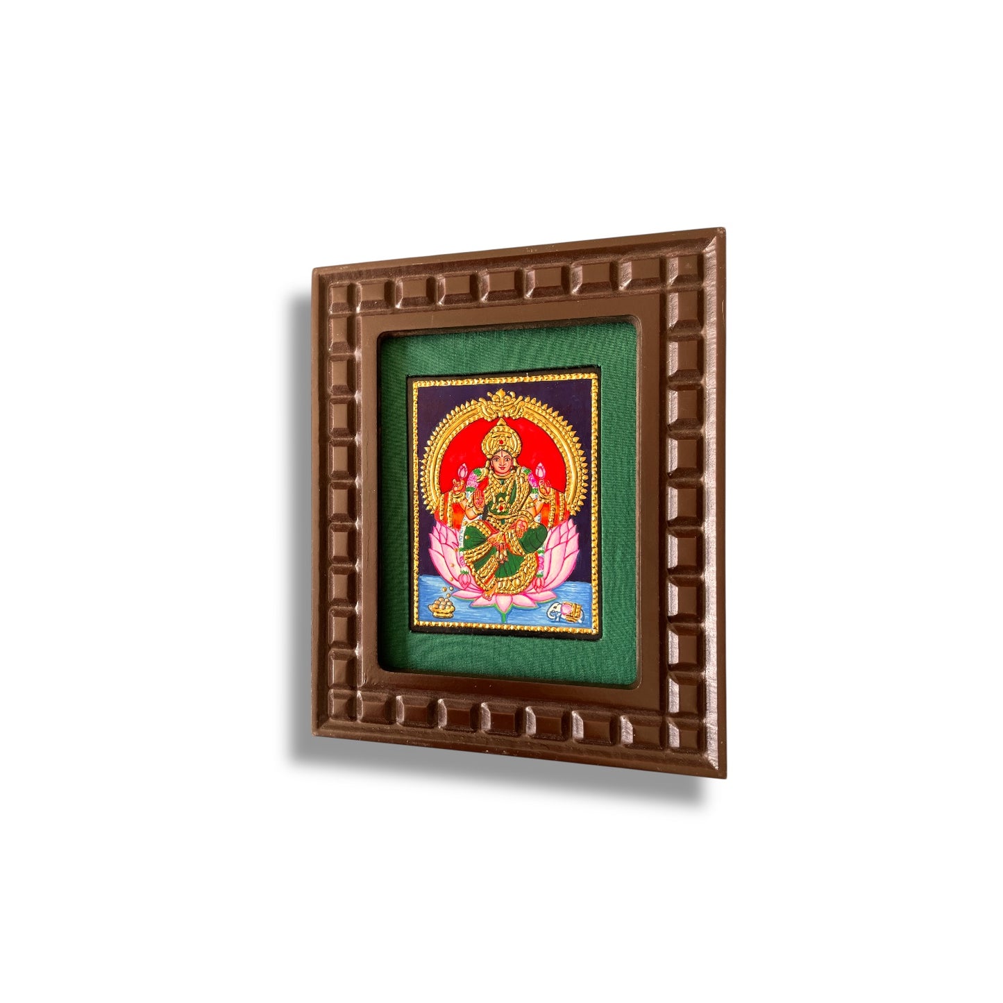 Lakshmi with Pink Lotus Tanjore Painting – Red, Indigo Blue, Orange, White & Rama Green Gold Foil Artwork
