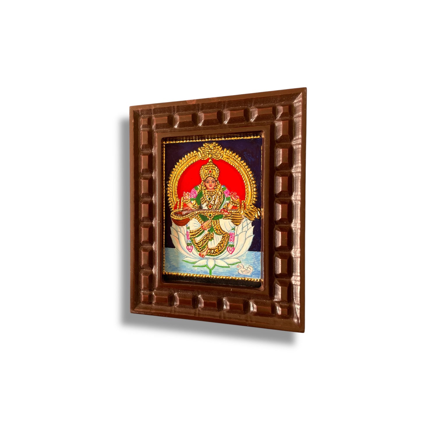 Goddess Saraswati on White Lotus Tanjore Painting