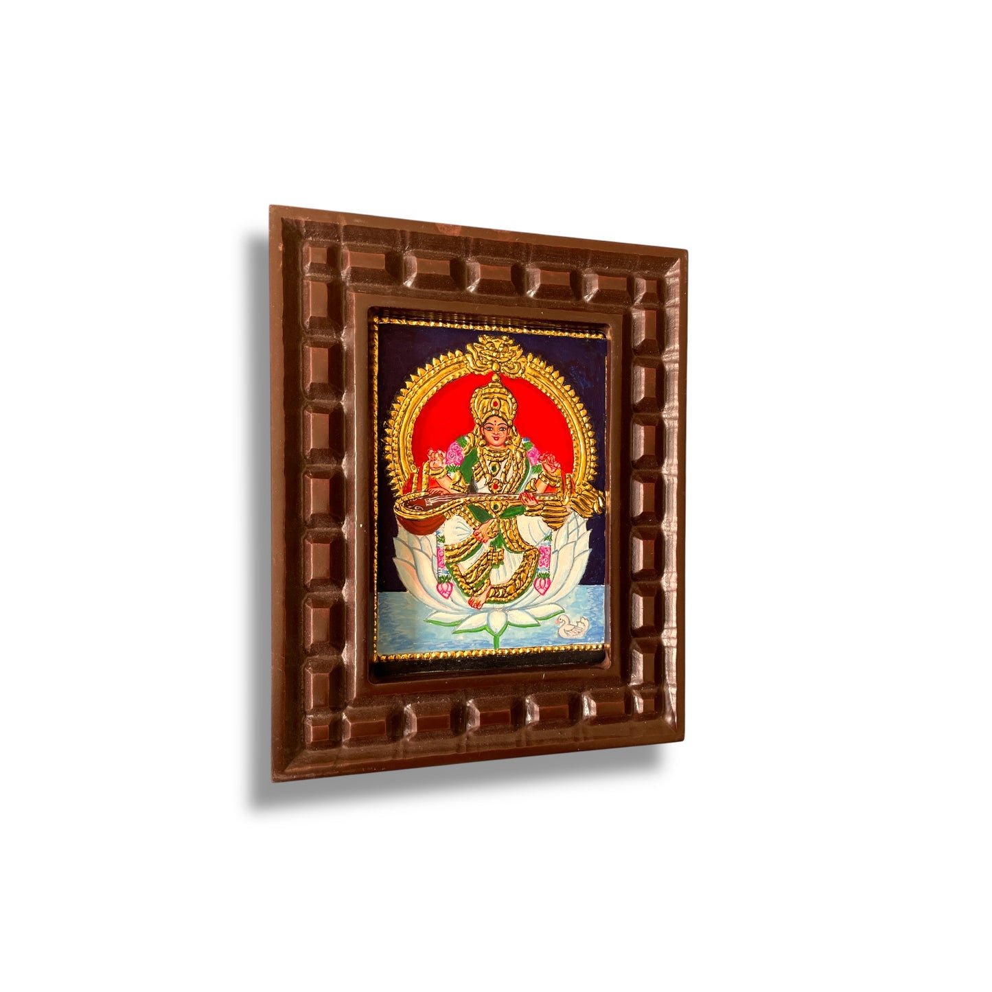 Goddess Saraswati on White Lotus Tanjore Painting
