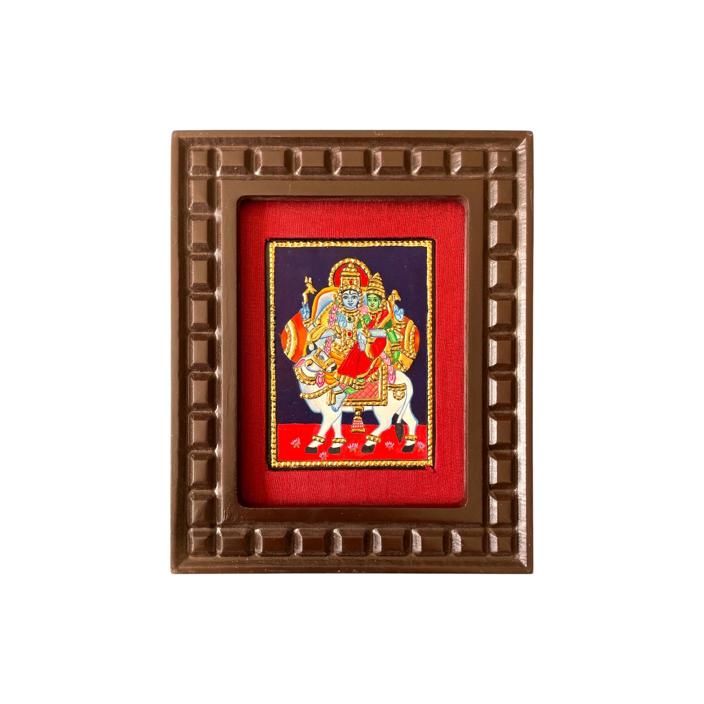 Shiva and Parvati on Nandi Tanjore Painting – Red, Indigo Blue, Rama Green, White & Orange