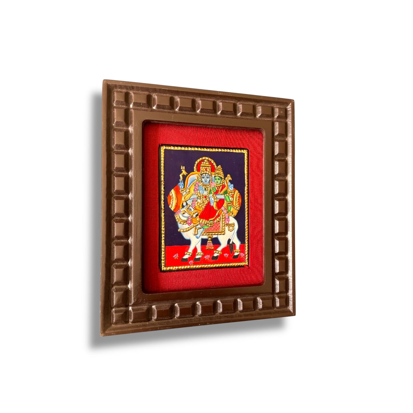 Shiva and Parvati on Nandi Tanjore Painting – Red, Indigo Blue, Rama Green, White & Orange
