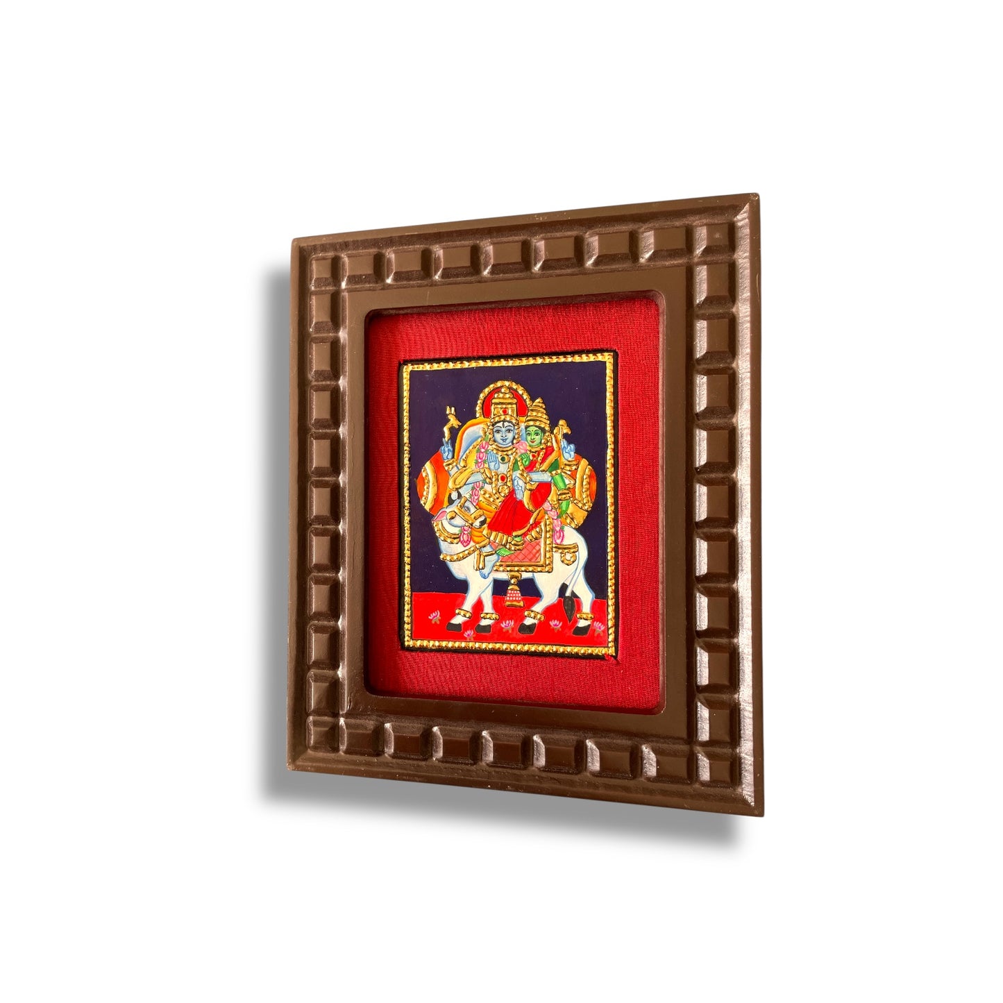 Shiva and Parvati on Nandi Tanjore Painting – Red, Indigo Blue, Rama Green, White & Orange