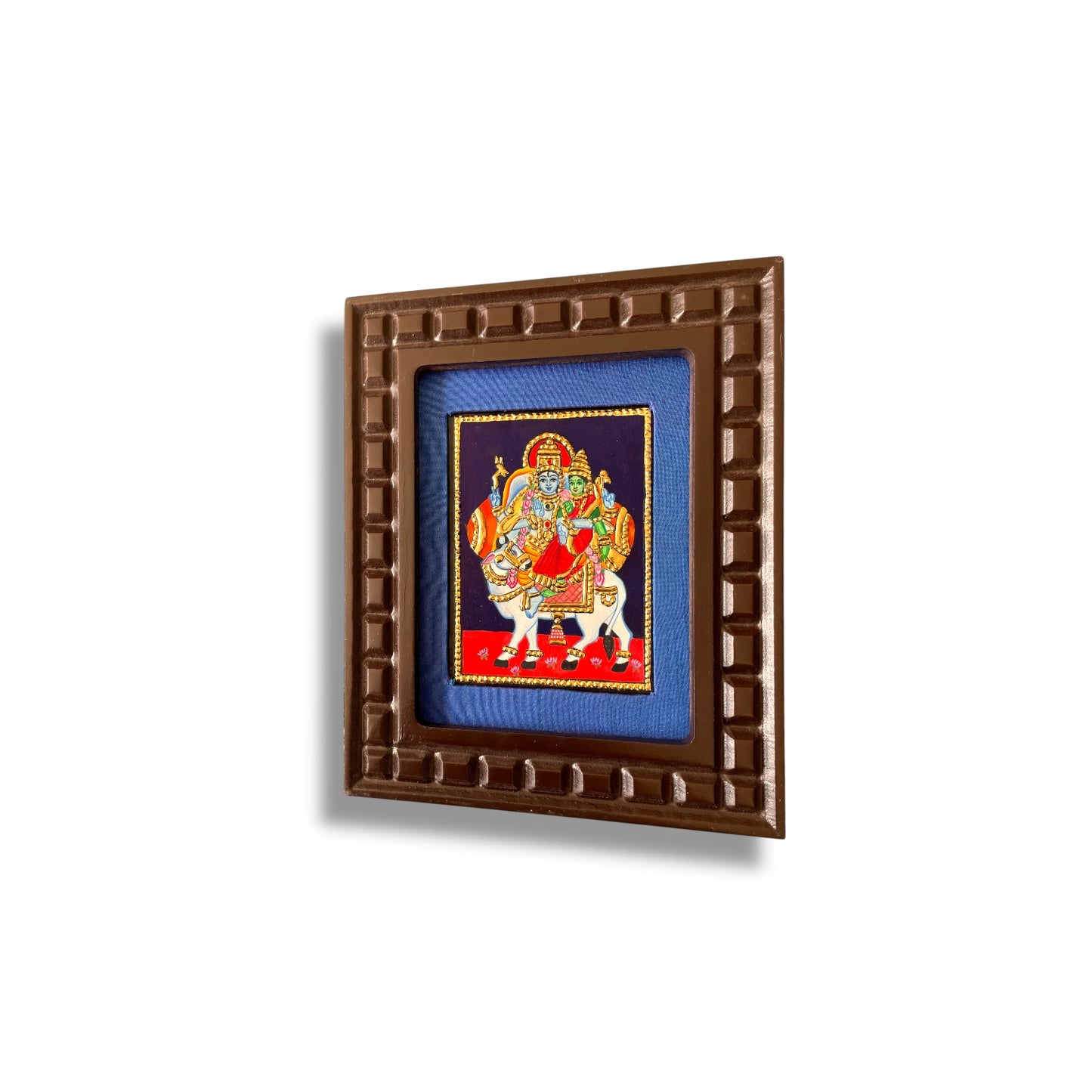 Shiva and Parvati on Nandi Tanjore Painting – Red, Indigo Blue, Rama Green, White & Orange
