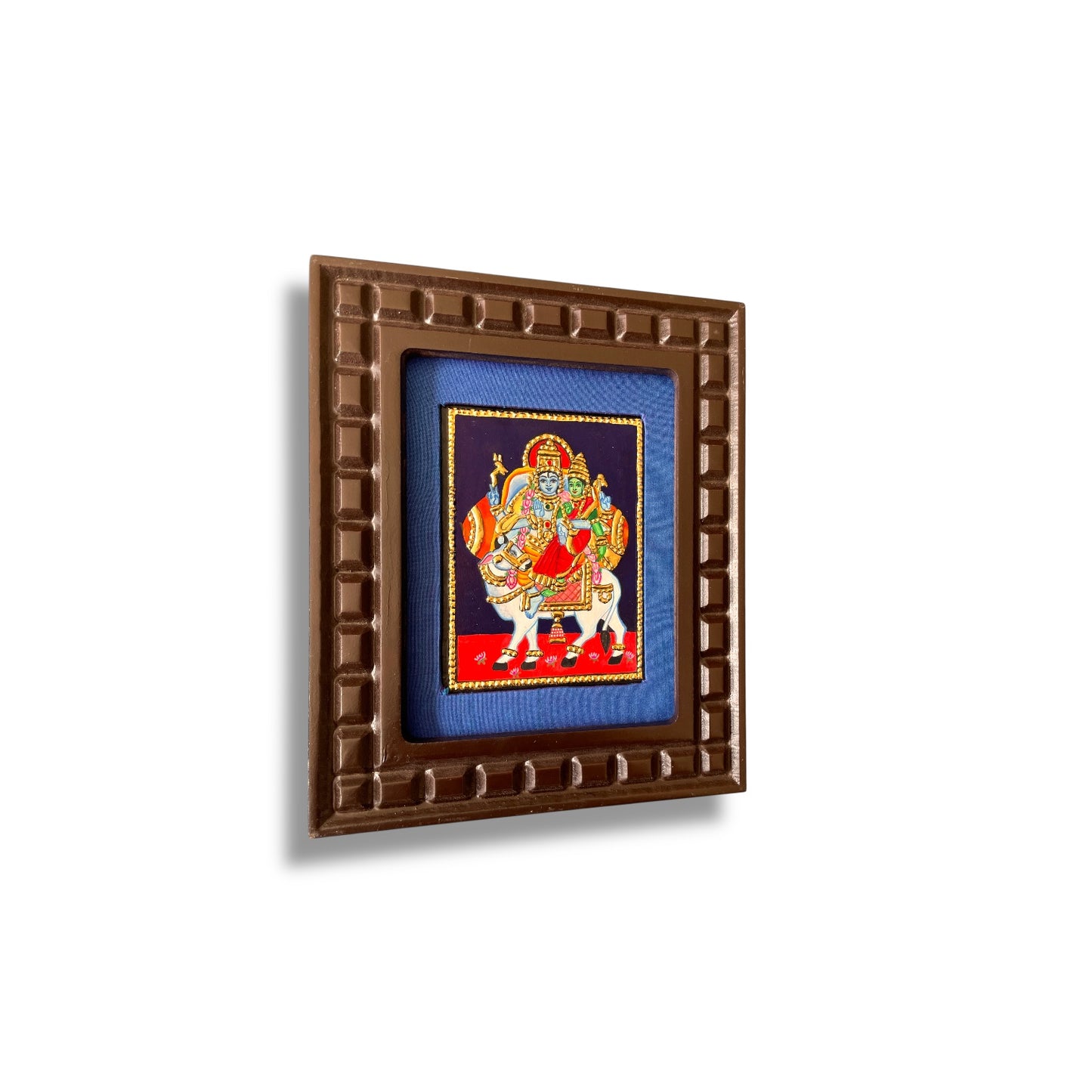 Shiva and Parvati on Nandi Tanjore Painting – Red, Indigo Blue, Rama Green, White & Orange