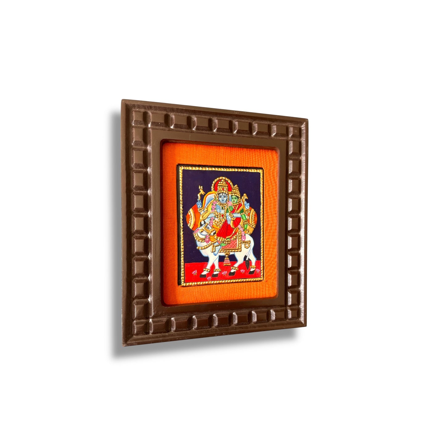 Shiva and Parvati on Nandi Tanjore Painting – Red, Indigo Blue, Rama Green, White & Orange