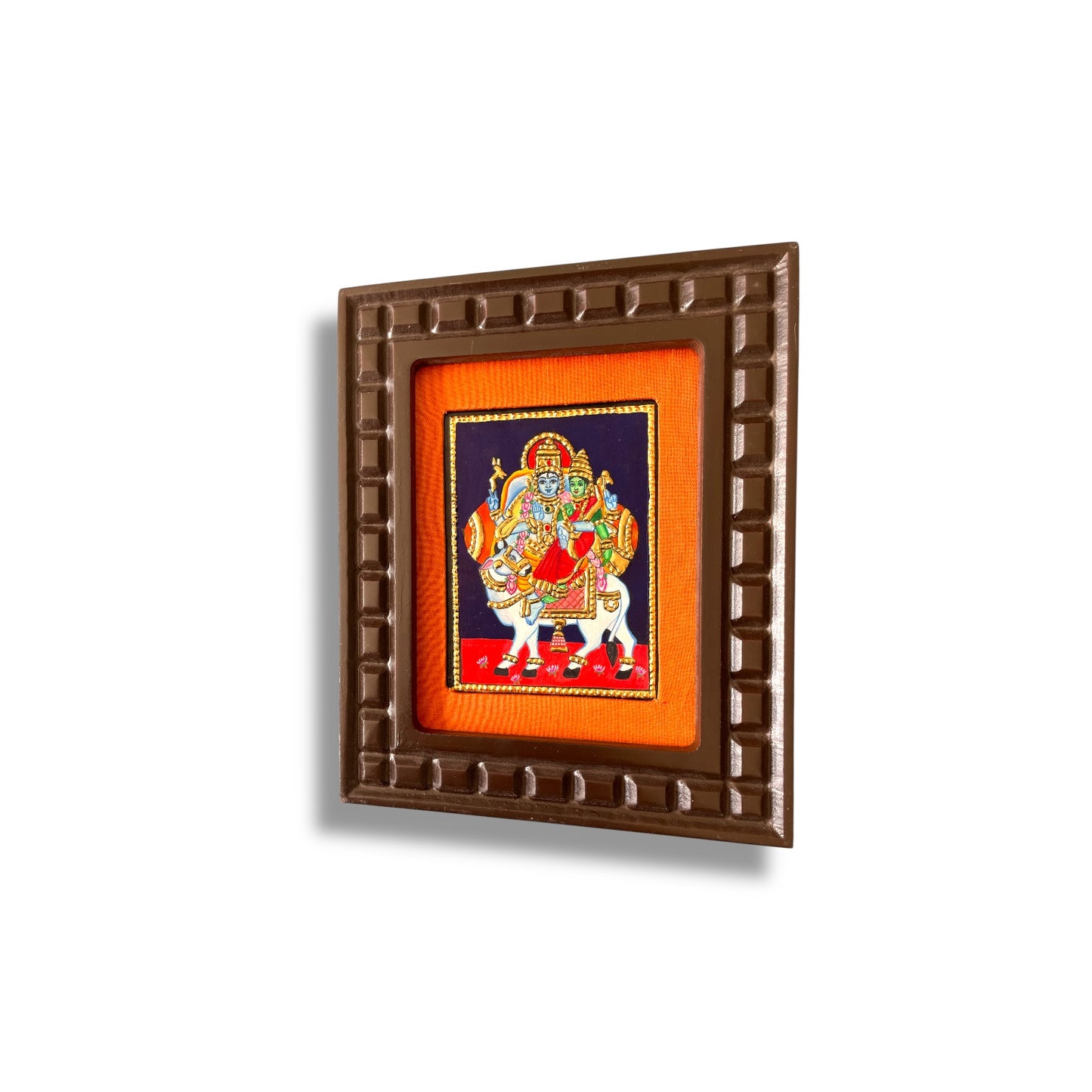 Shiva and Parvati on Nandi Tanjore Painting – Red, Indigo Blue, Rama Green, White & Orange