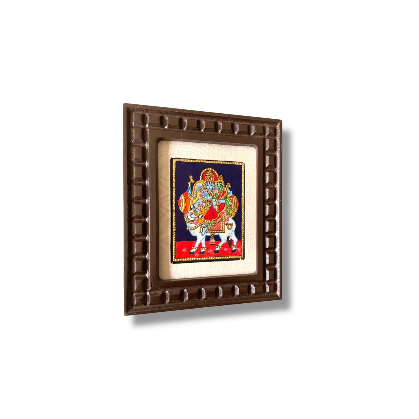 Shiva and Parvati on Nandi Tanjore Painting – Red, Indigo Blue, Rama Green, White & Orange
