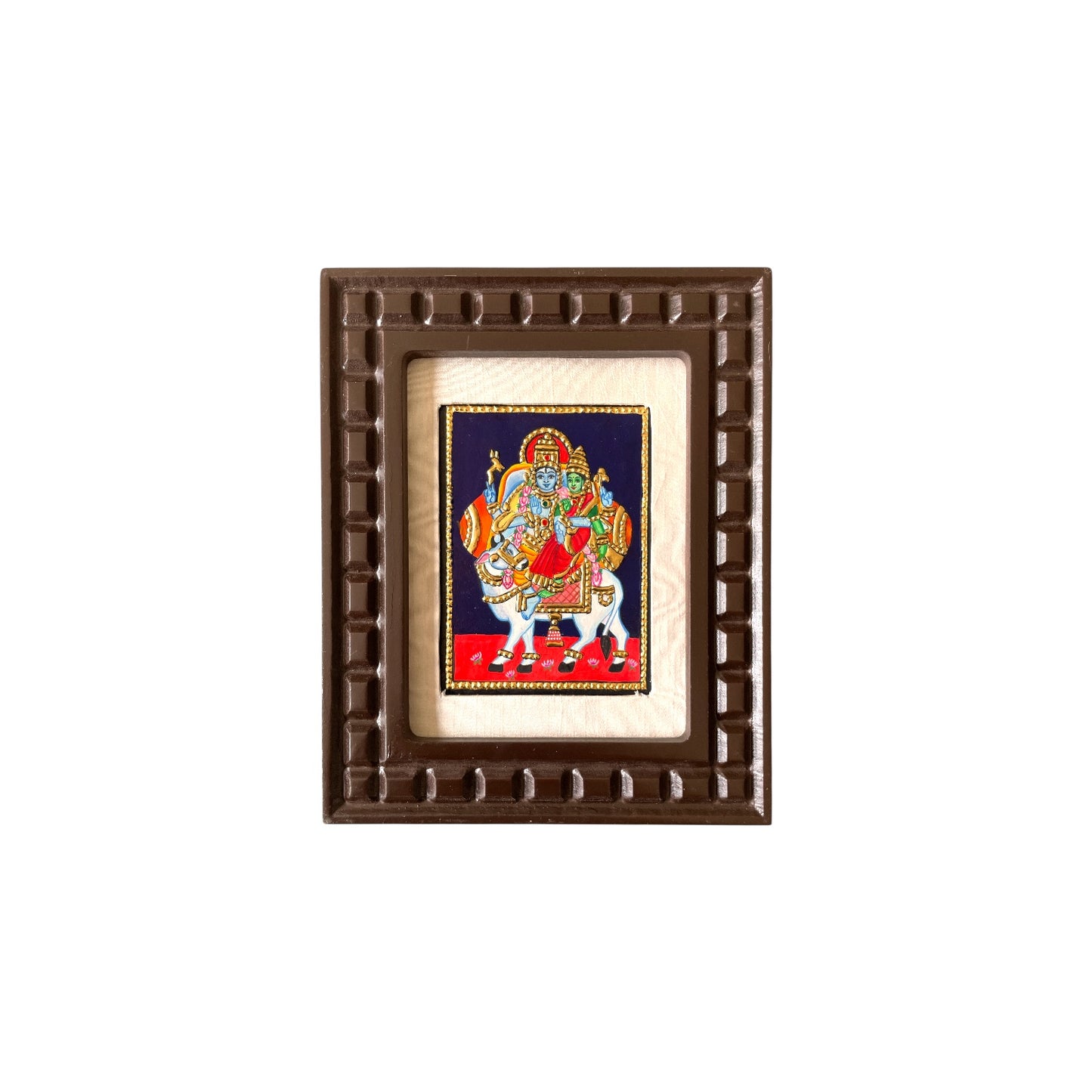 Shiva and Parvati on Nandi Tanjore Painting – Red, Indigo Blue, Rama Green, White & Orange