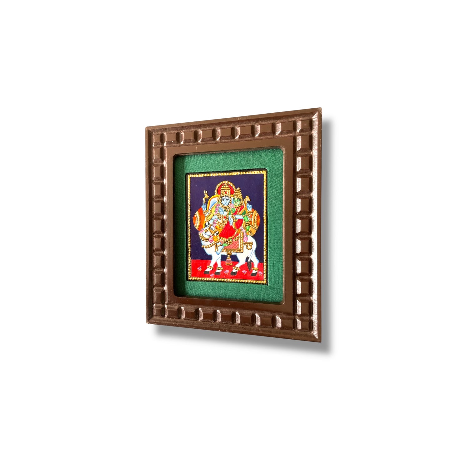 Shiva and Parvati on Nandi Tanjore Painting – Red, Indigo Blue, Rama Green, White & Orange