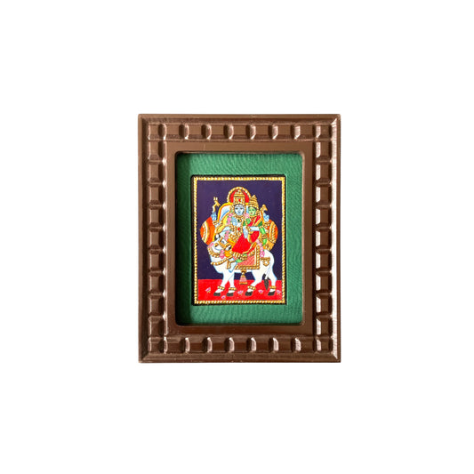 Shiva and Parvati on Nandi Tanjore Painting – Red, Indigo Blue, Rama Green, White & Orange