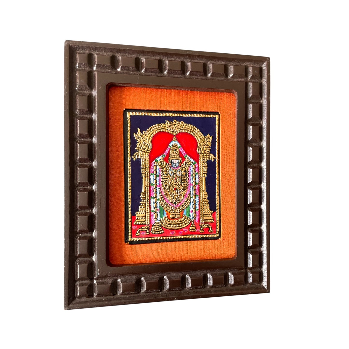 Lord Venkateshwara Tanjore Painting in Orange, Red, Indigo Blue, White and Rama Green
