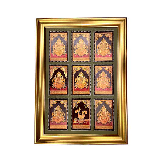 Astalakshmi gold foil artwork in a molded frame.