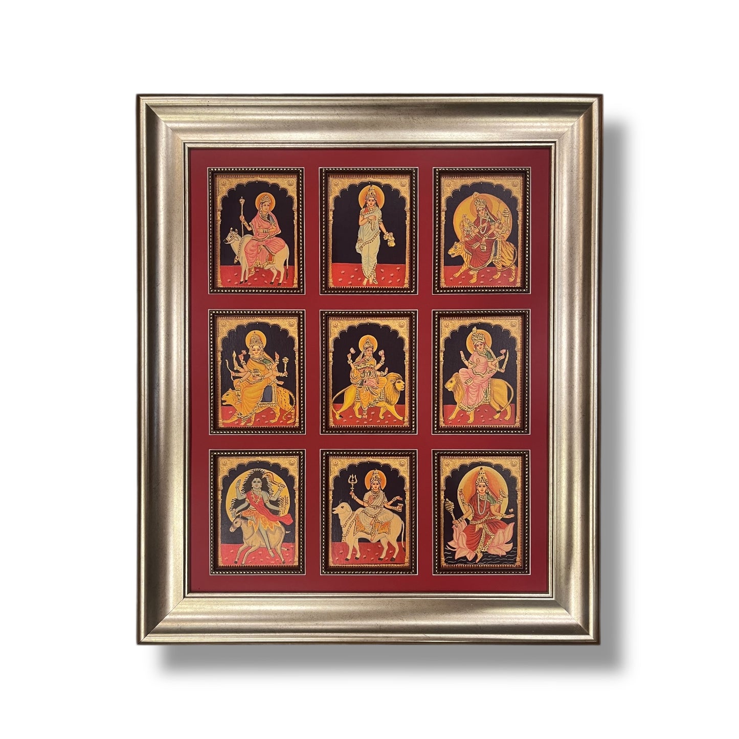 Nava Durga Gold Leafed Art in Silver Moulded Frame