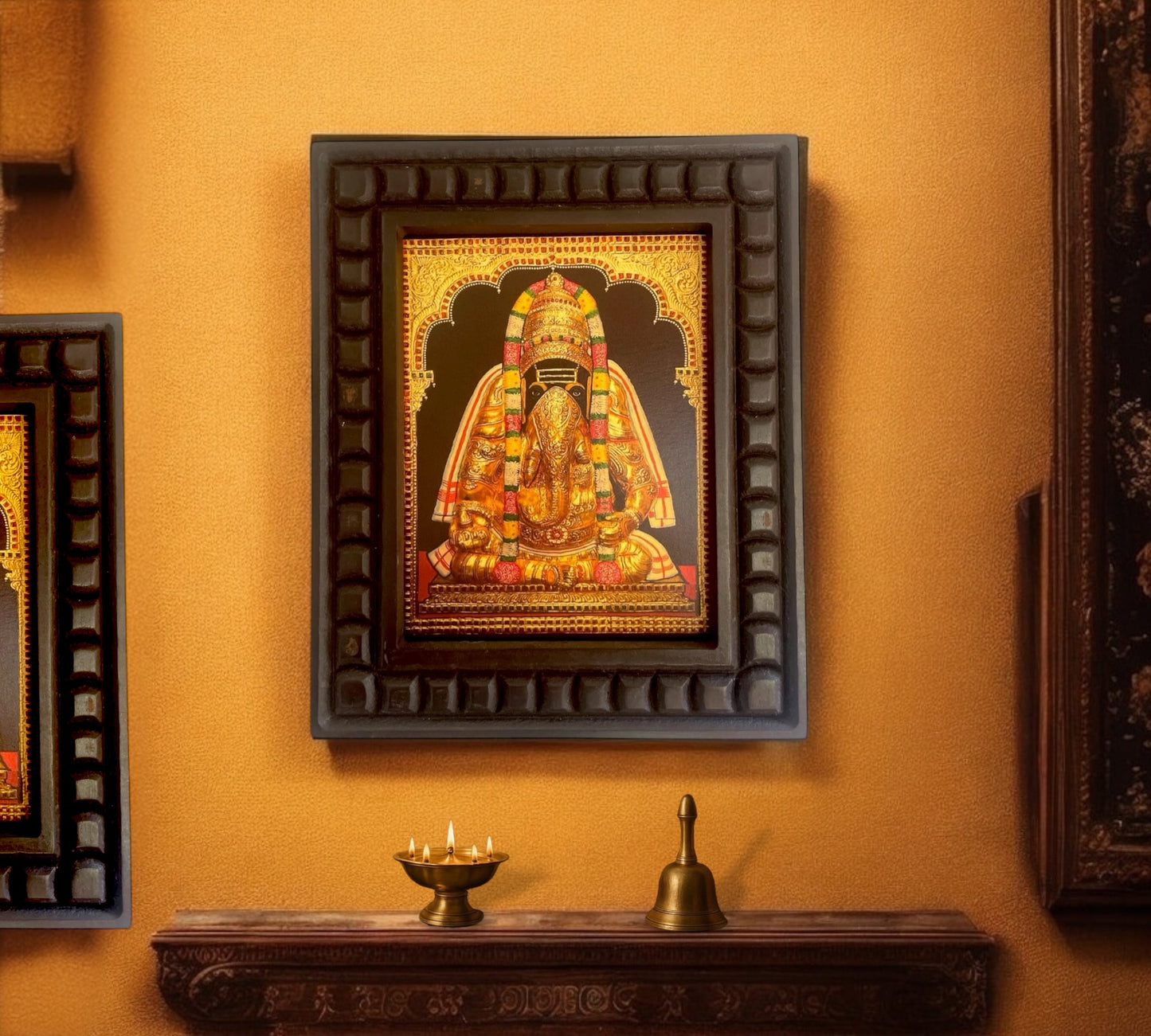 Ganesha : Pillayarapatti karapaga Vinayagar Gold Foil Art Within Wooden Frame