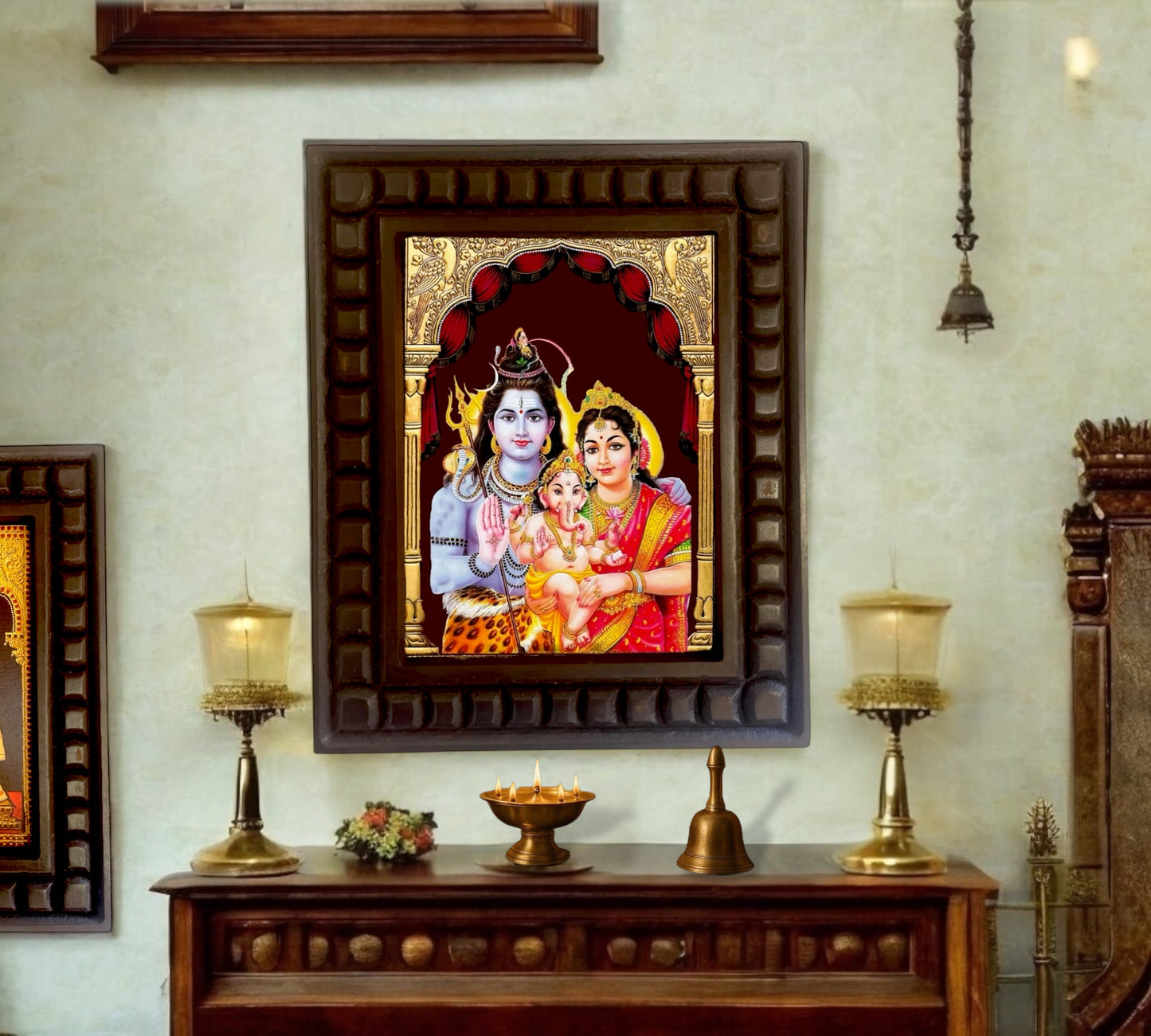 Shiva Parvati Ganesha Gold Foiled Art within wooden frame