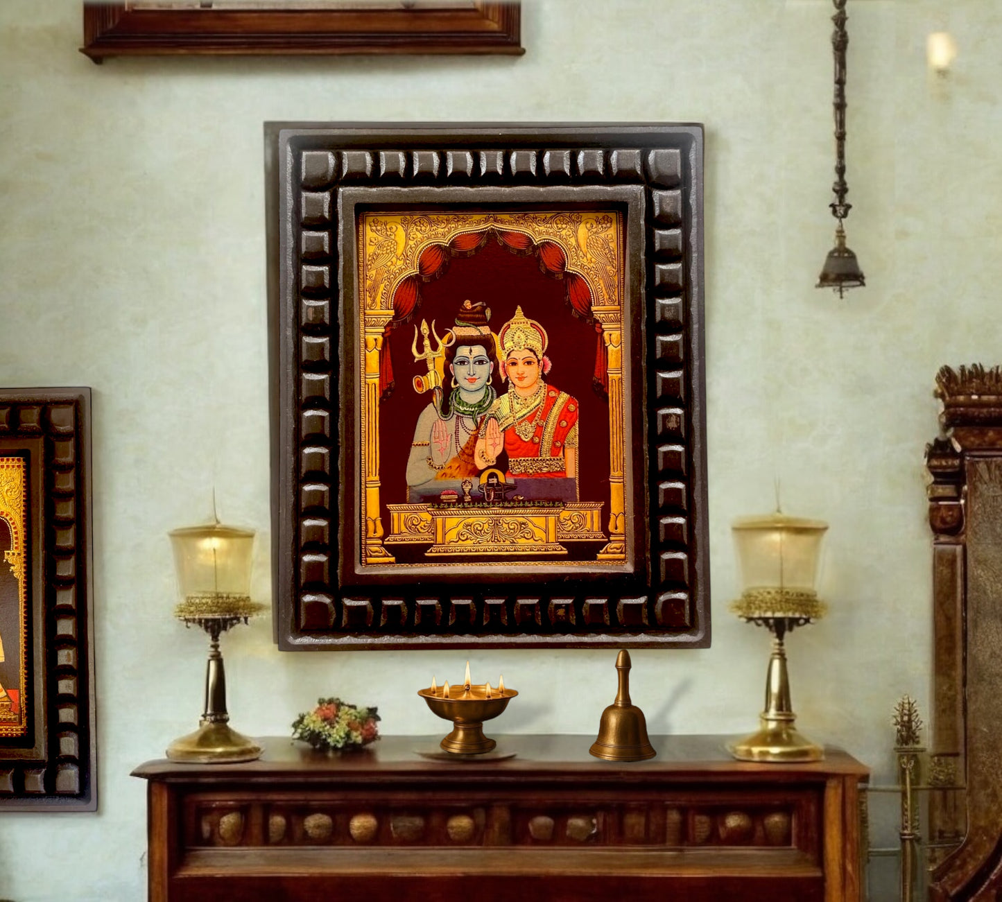 Shiva Parvati Gold Leafed Art Within Wooden Frame
